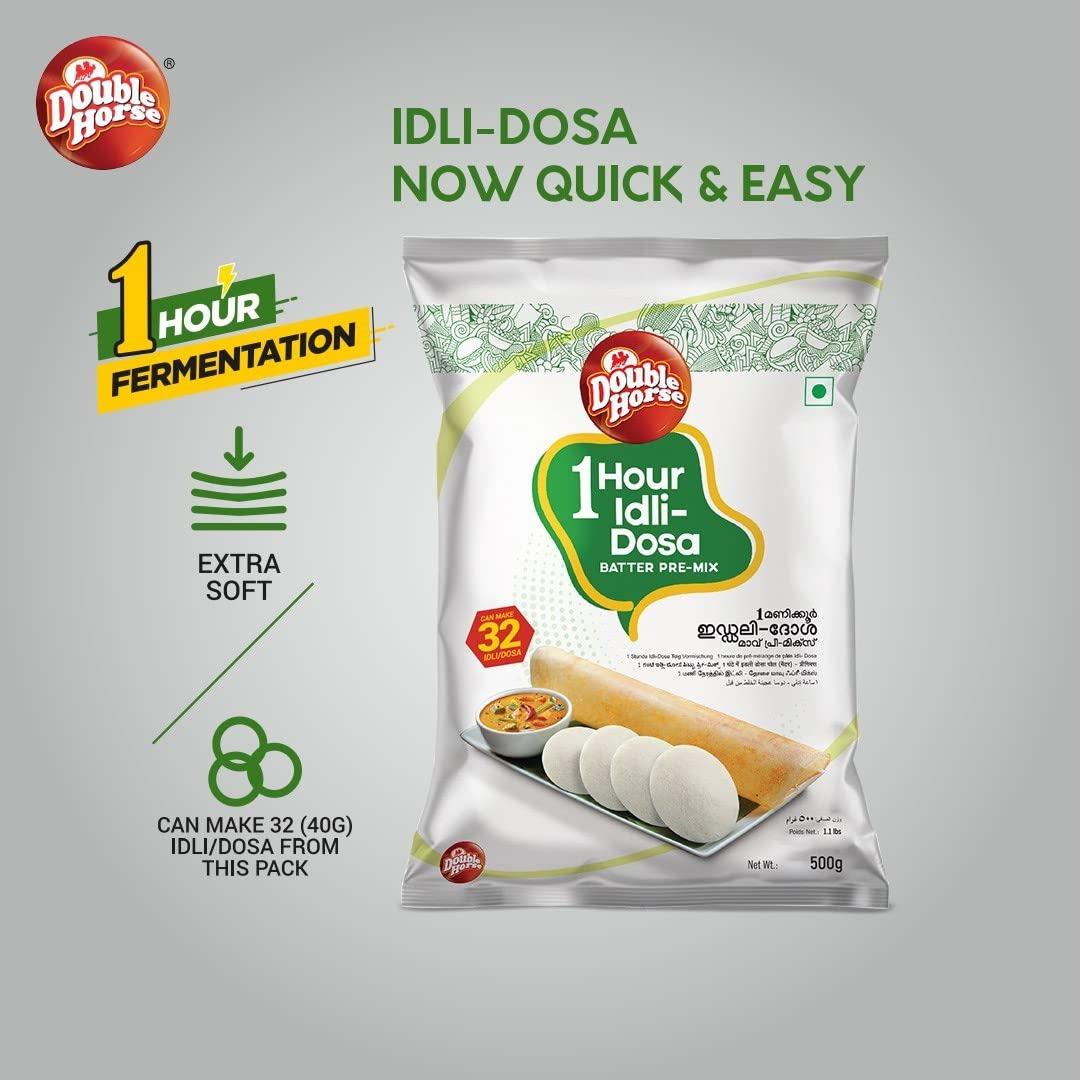 Double Horse Double Horse One Hour Idli/Dosa Batter Pre-Mix 500g x Pack of 2 | Traditional Kerala Breakfast| Instant Breakfast Mix | One Hour Fermentation|Ready To Cook Mix