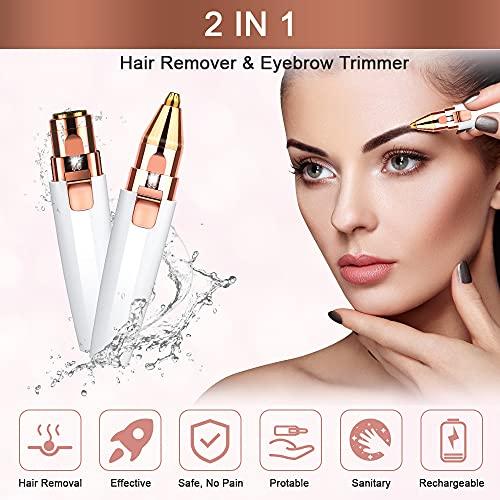 URAQT Facial Hair Remover for Women, 2 in 1 Eyebrow Trimmer & Face Hair Remover, Rechargeable Waterproof Painless Lady Shaver for Lips Nose Face Body Peach Fuzz