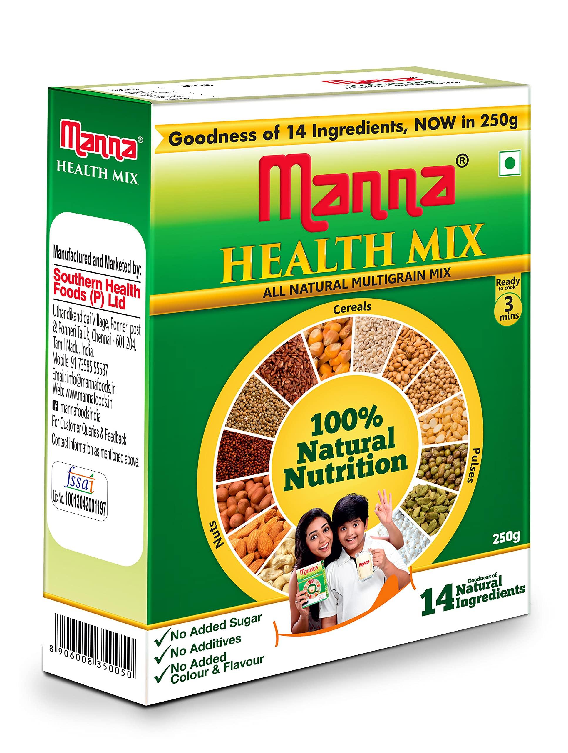 Manna Manna Health Mix, All Natural Kids Nutrition Drink, with 14 Ingredients, Zero Sugar. 100% Natural Nutrition 500g (250g, Pack of 2)