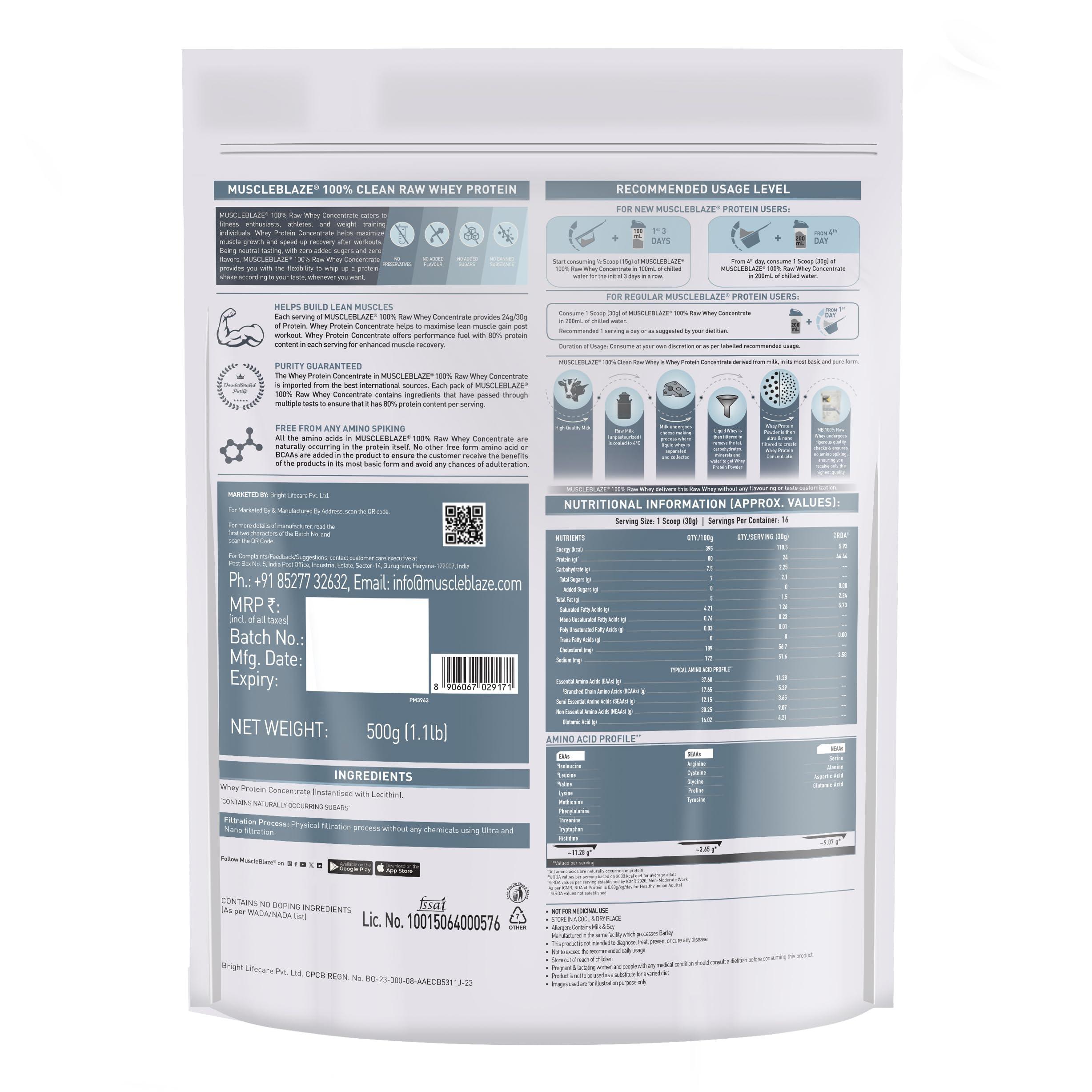 MuscleBlaze MuscleBlaze Raw Whey Protein Concentrate 80% with Added Digestive Enzymes, Labdoor USA Certified (Unflavoured, 500 g / 1.1 lb)