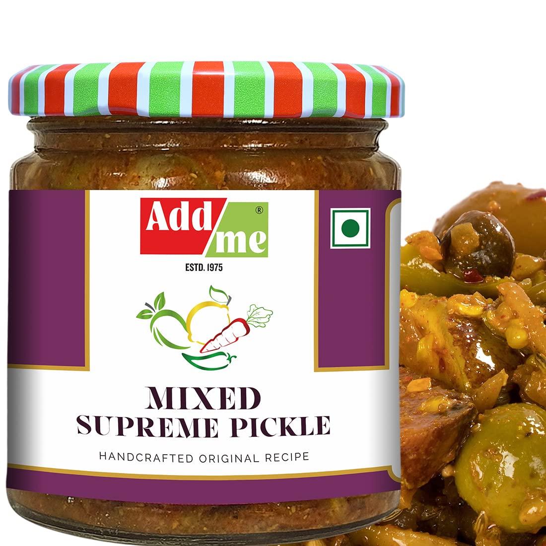 Add me Add me Mixed Supreme Pickle 200gm, Dry Mango Pickle, sukha North Indian aam ka achar 150gm Mix Combo Gift Pack Glass Jar
