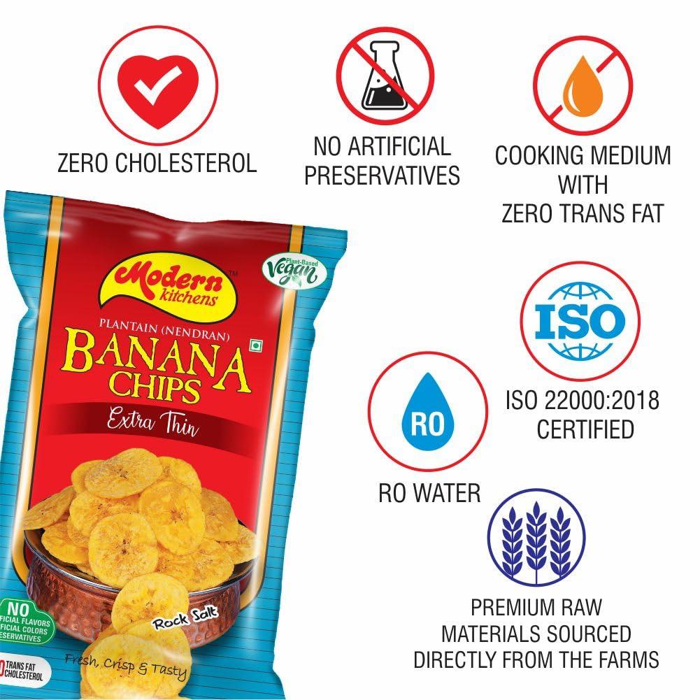Modern Kitchens Modern Kitchens Kerala Classic Salted Banana Chips | 100% Vegan | Healthy, Crispy & Tasty Chips Combo | No Preservatives & No Artificial Flavour & Colour - 480gm (Pack Of 3)