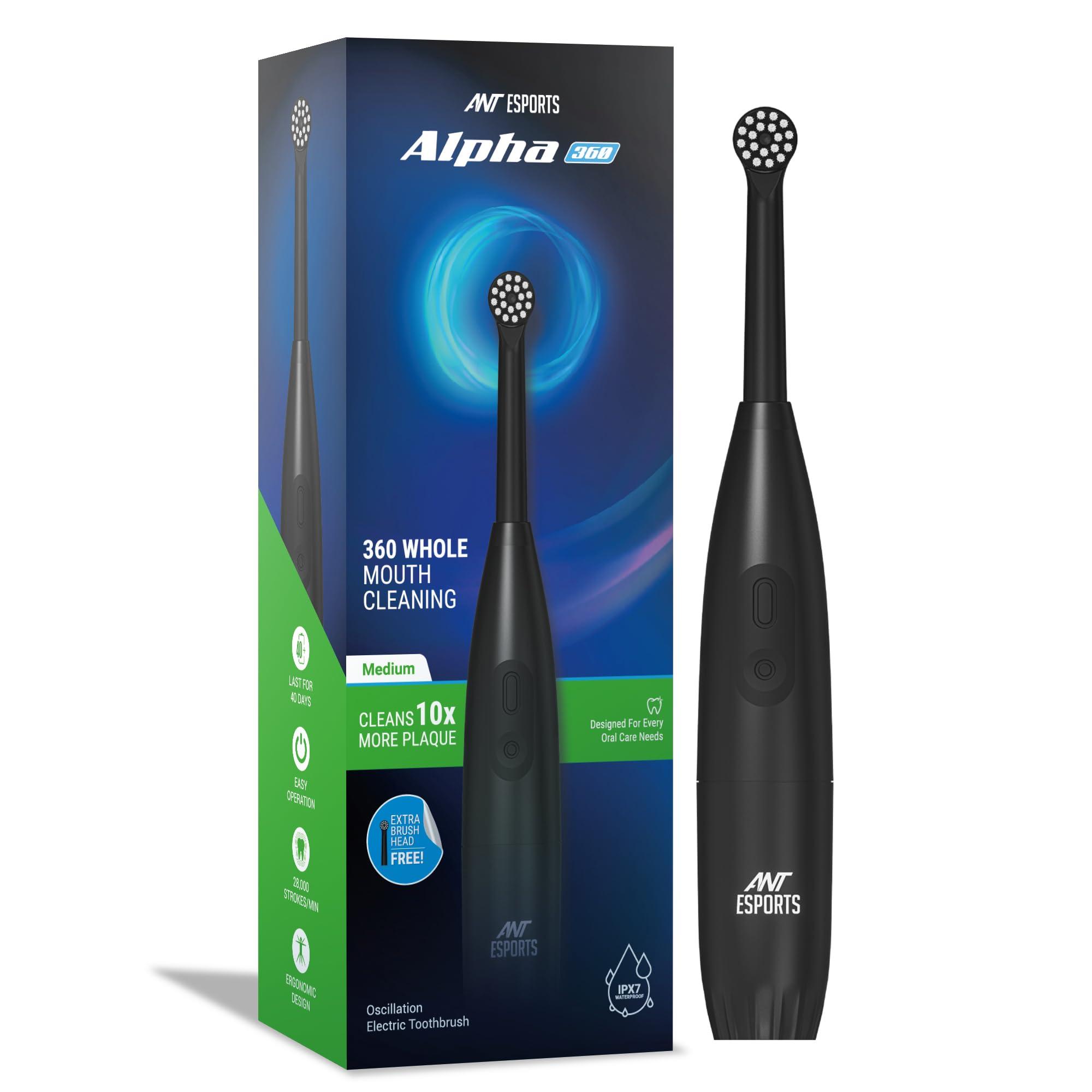 Ant Esports Ant Esports Alpha 360 Oscillation Electric Toothbrush with 2 Brush Heads, Sonic Toothbrushes 28,000 VPM, IPX7, Ergonomic Designs, last long for 40days - Black