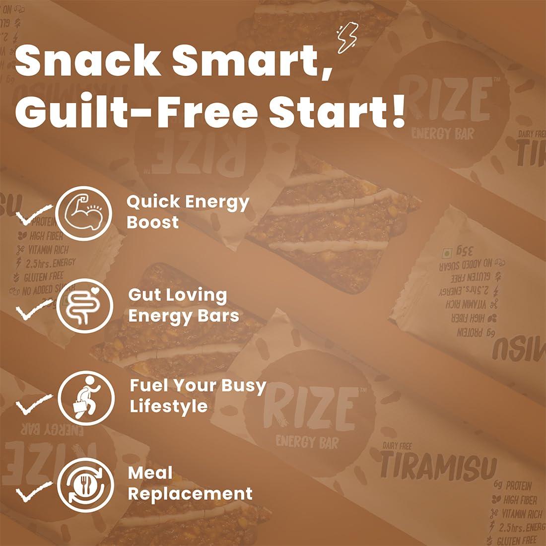 Rize RIZE Energy Bar|As Seen on Shark Tank India| 6g Protein Bar Caffeinated bars for post work out Snack, High Protein Bar with Zero added Sugar, Gluten Free Healthy Snack (Tiramisu-Pack of 6 Energy Bar)