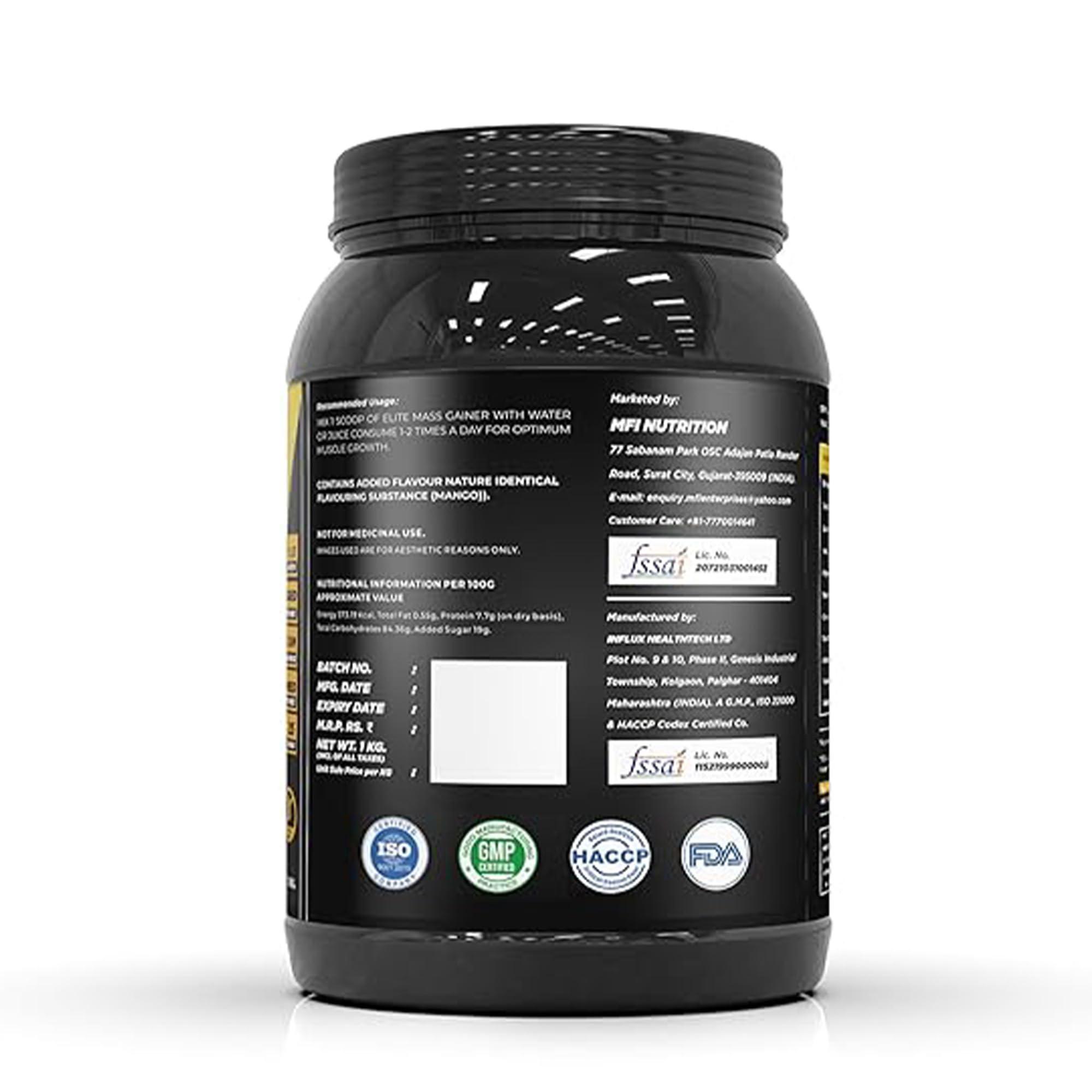 MFI NUTRITION MFI NUTRITION Elite Mass Gainer | 25 Servings | Ratio 1:3 Carbs to Protein | 22g Protein per Serving | Banned Substance Free | Ideal for Muscle Gain | Supports Recovery (1 KG, Mango Delight)