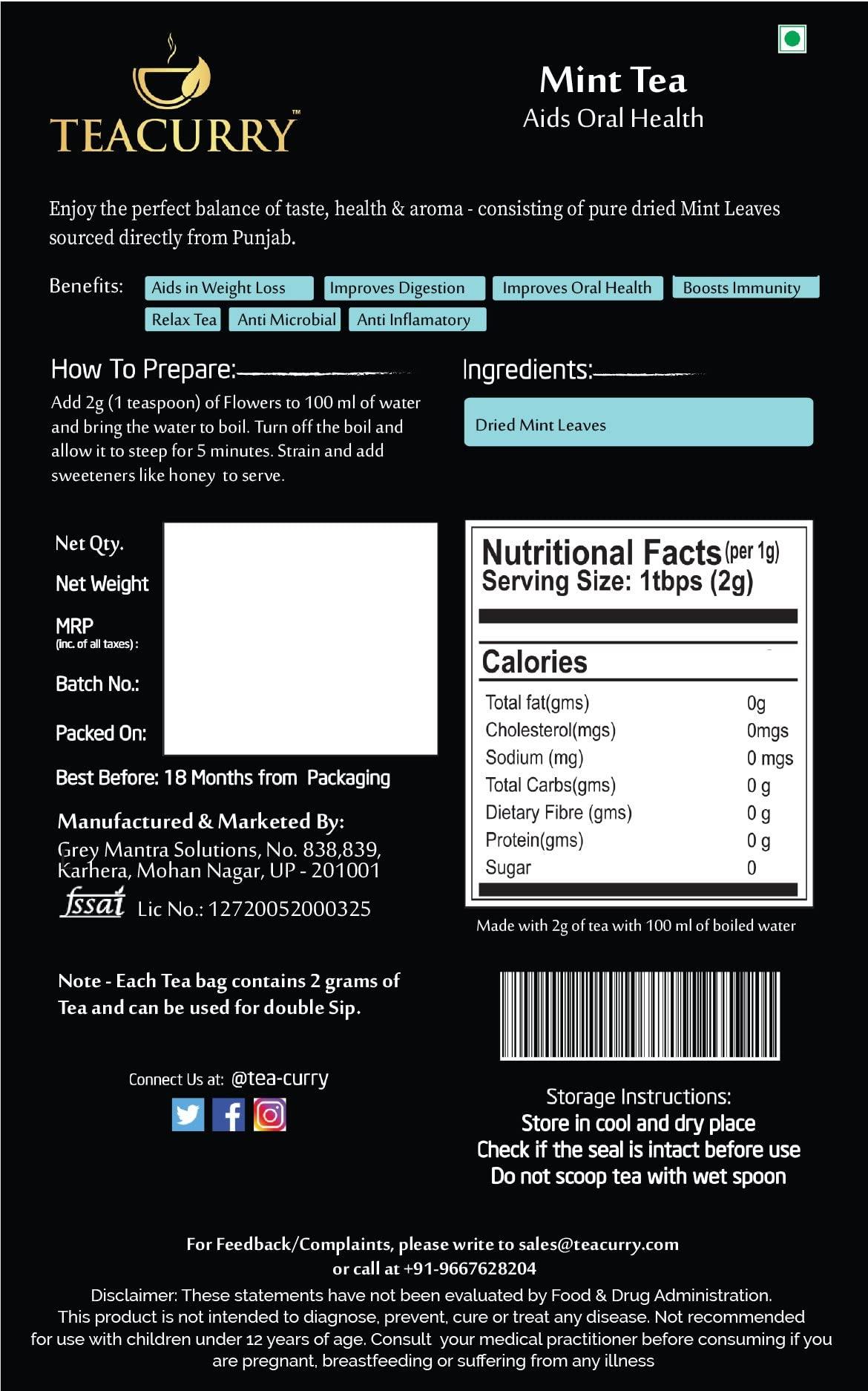 TEACURRY TEACURRY Mint Leaves Tea (25 Grams, 50 Cups) - Helps in Digestion, Bad Breath - Brazil's Mint Leaves