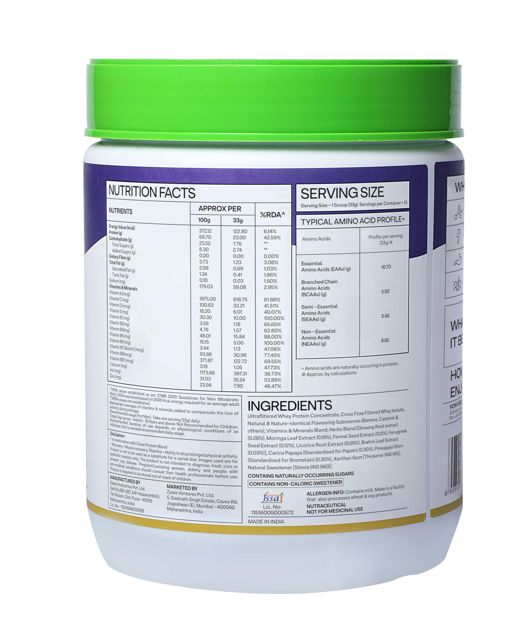 OZiva OZiva Protein & Herbs for Men (Banana Caramel) I Muscle Building, Stamina & Recovery | Clean Protein, Shatavari, Green Tea I No Added Sugar, 1lbs (453gm)