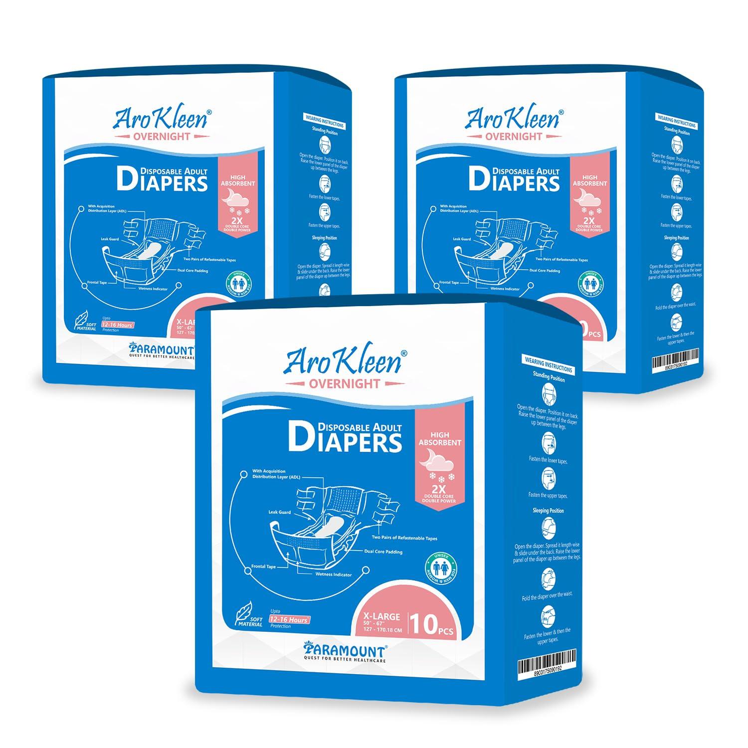 Aro Kleen Aro Kleen 2X Overnight 30 Count Adult Diapers Tape Style|Extra Large(Xl)|Waist Size 127-170 Cm(50"- 67")|16 Hr Absorption Protection|Unisex|Leak Proof|Wetness Indicator- Pack Of 3