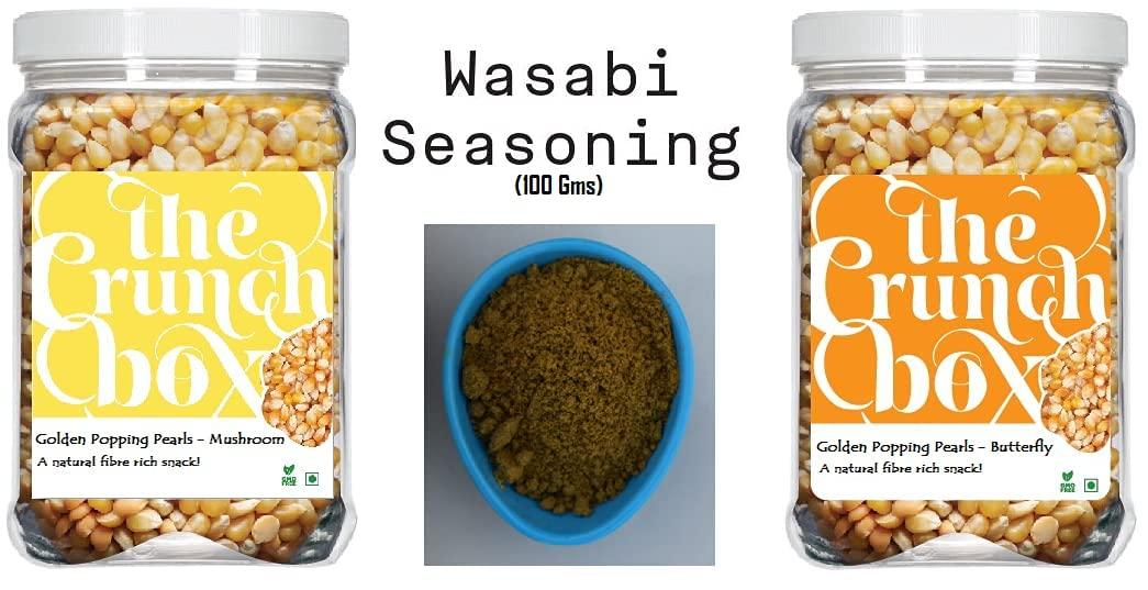 The Crunch Box The Crunch Box Golden Popcorn Kernels Combo Pack Of 3 Butterfly Corn Kernel 400 Grams Mushroom Corn Kernel 400 Grams Wasabi Seasoning 100 Grams Total 900 Grams Travel Friendly