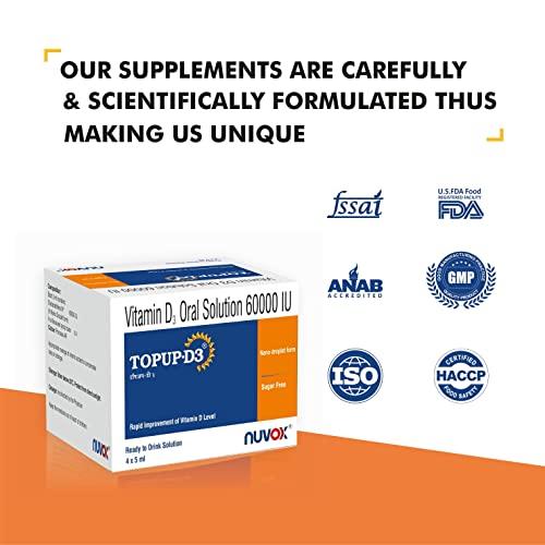 Nuvox Healthcare TOPUP D3 – Ready to Drink Vitamin D3 (Cholecalciferol, 60000 IU) | Nano Shots for Immunity, Healthy Bones & Strong Muscles | Sugar Free Nano Shots | Pack of 4 shots of 5 ml each