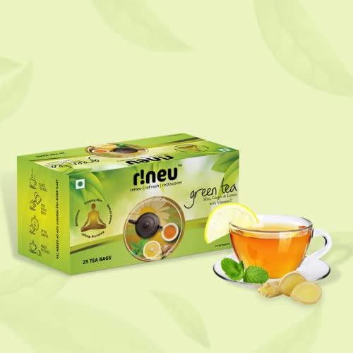 r!neu r!neu Green Tea | Detox Desi Kahwa + Honey & Lemon + Mint Ginger & Lemon | Added Vitamin C | 25 Tea Bags Each | Pack of 3