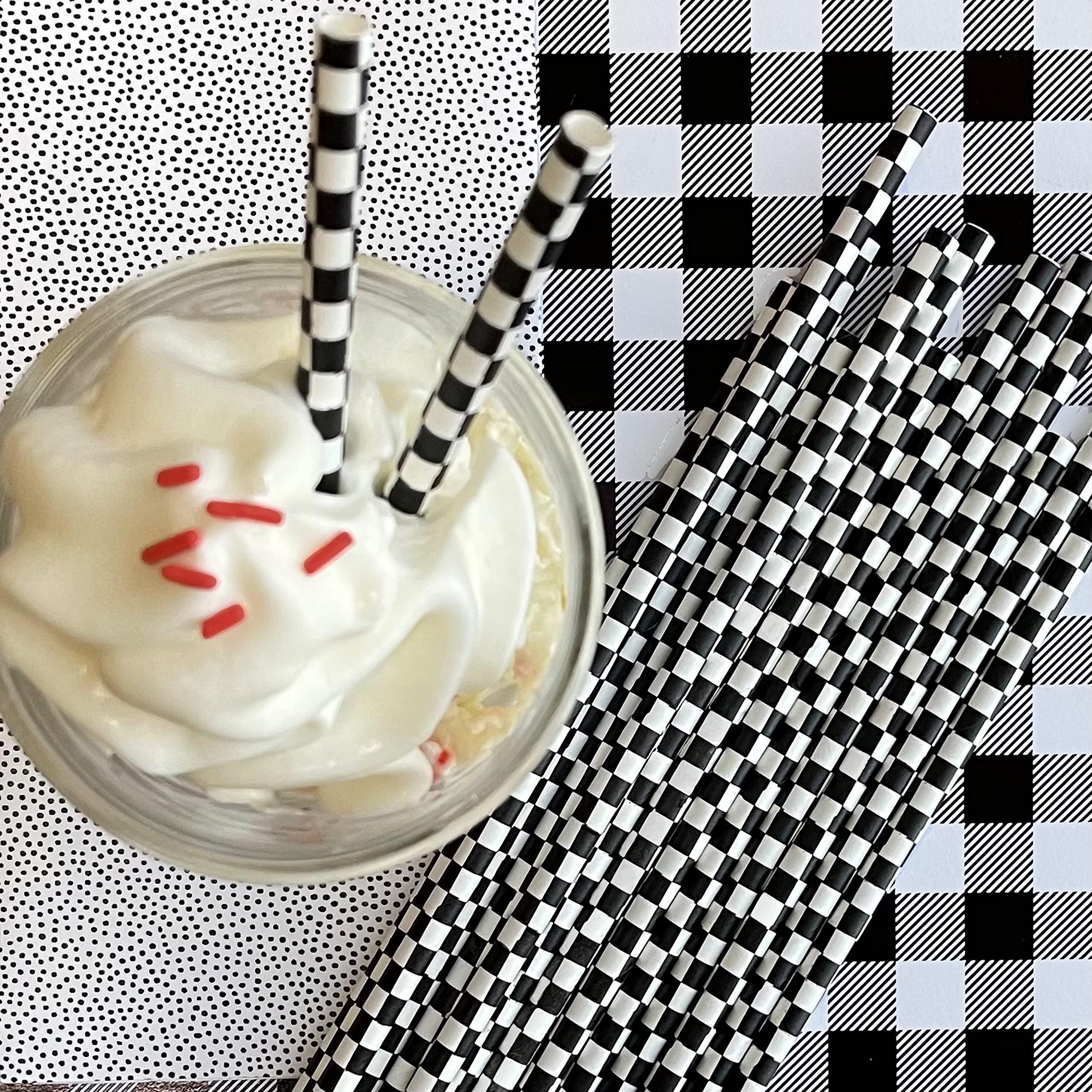 Outside the Box Papers Black and White Check Paper Straws - Race Theme Checkered Flag Drinking Straws - 7.75 Inches - 50 Pack Outside the Box Papers Brand