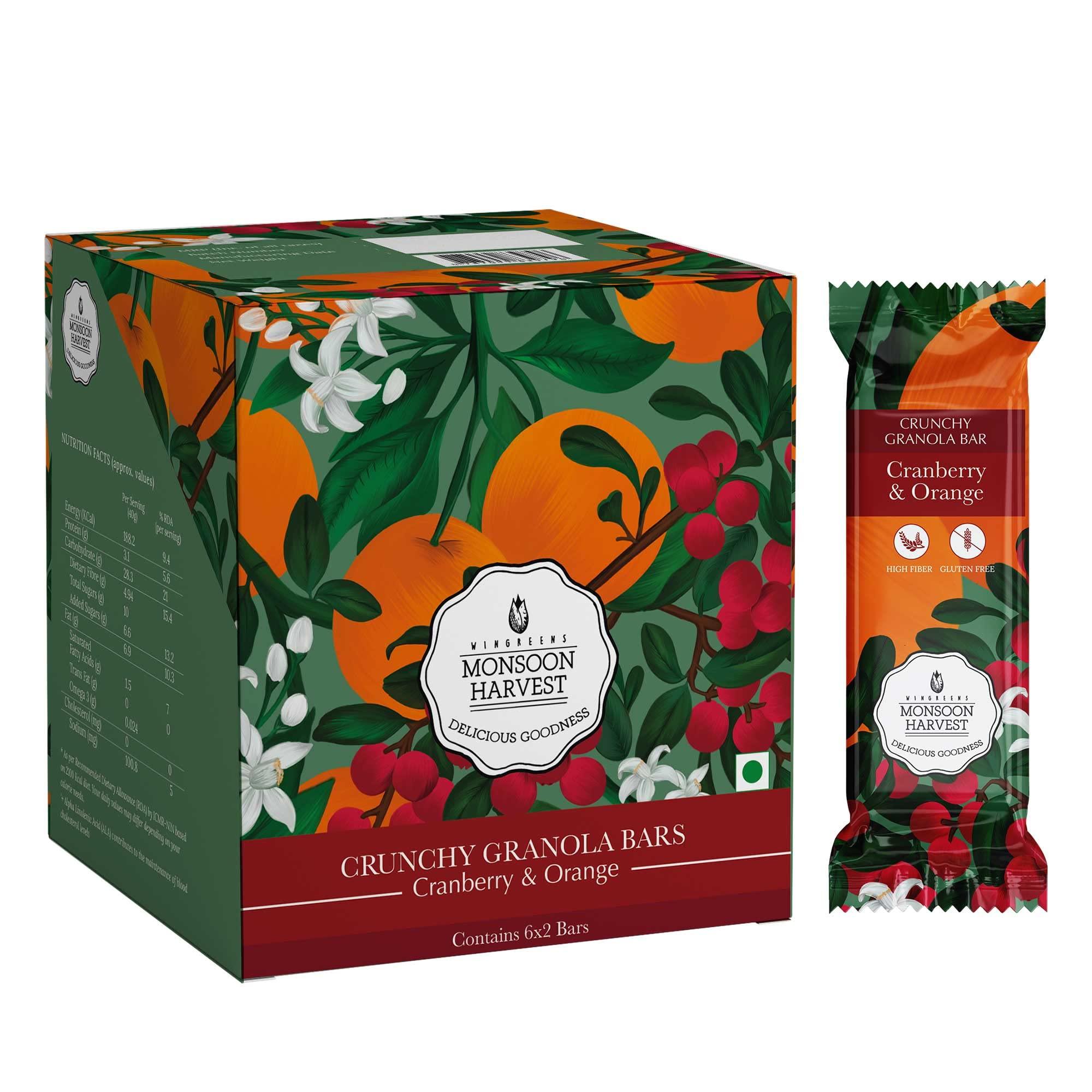 MONSOON HARVEST MONSOON HARVEST Wingreens Crunchy Millet Granola Bars - Cranberry & Orange - Pack of 6, Healthy Vegan Breakfast Energy Bars, Gluten Free, High Fiber, (40 Grams Each), with Rolled Oats