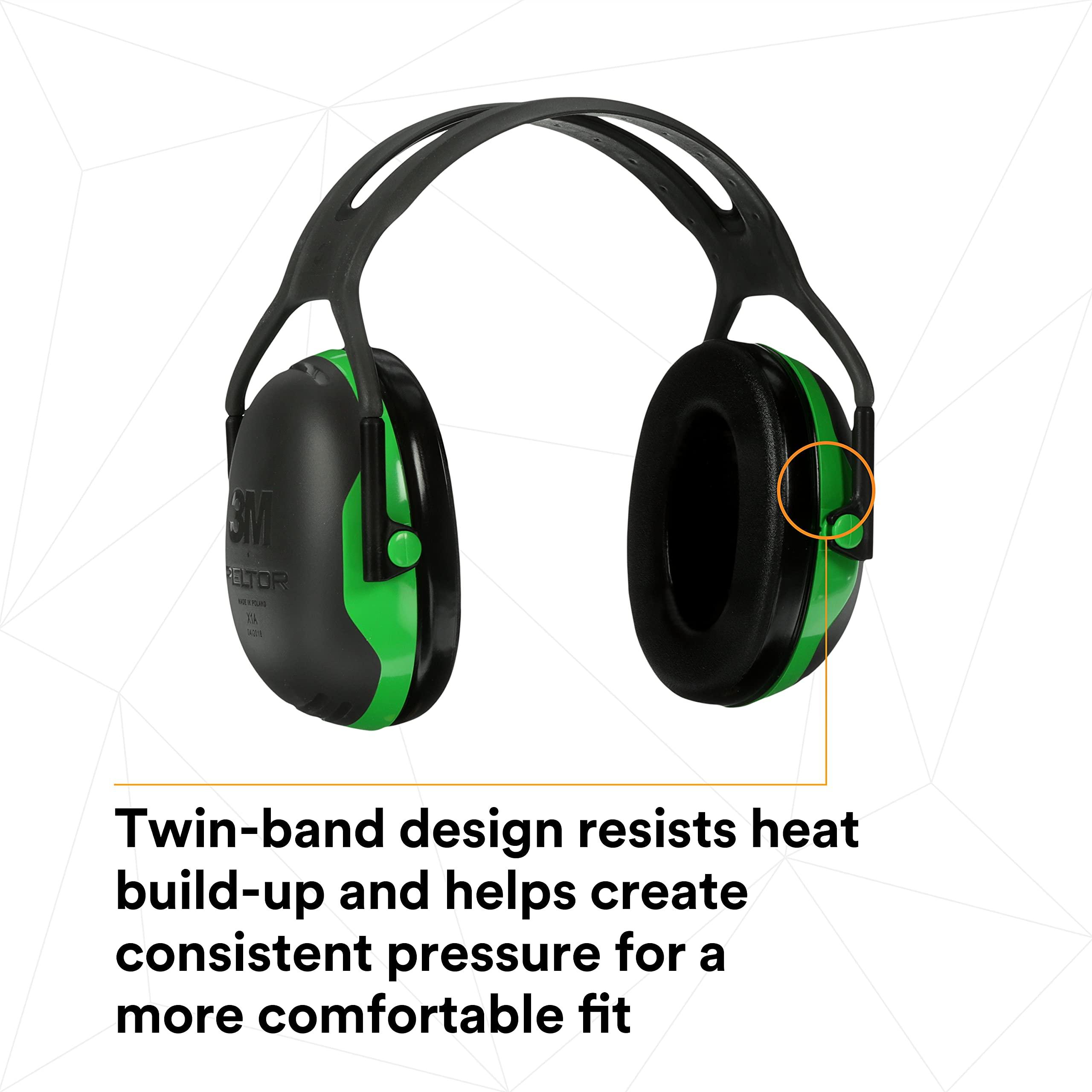 3M 3M Peltor X1A X-Series Over-the-Head Earmuffs, NRR 22 dB, One Size Fits Most, Black/Green, Pack of 1