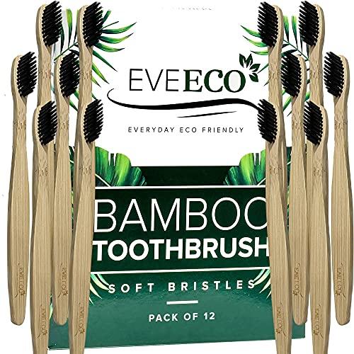 EveEco 12 Pack I Bamboo Toothbrush I Soft Bristles Best For Sensitive Gums I Charcoal I Vegan I Natural Wood I BPA Fee I Recyclable I Compostable I Biodegradable | Environmentally Friendly | By EveEco