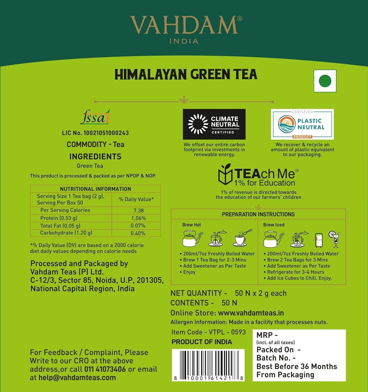 VAHDAM VAHDAM, Green Tea From Himalayas (50 Green Tea Bags) Non GMO, Gluten Free, Naturally High Grown | Whole Loose Leaf Tea Bags | Resealable Ziplock Pouch