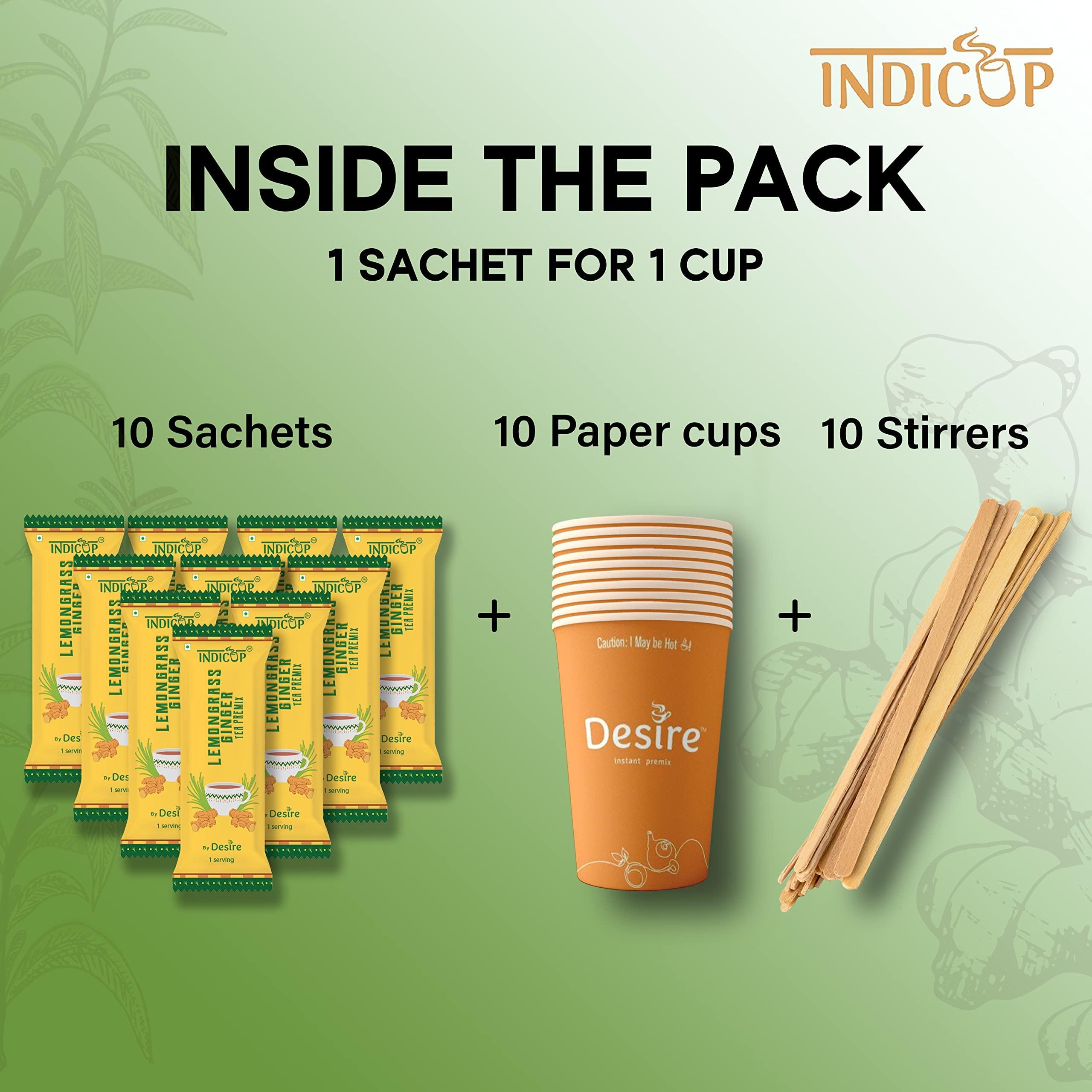 INDICUP INDICUP Lemongrass Ginger Tea Instant Premix, Pack Of 1-10 Sachets (140Gms), Instant Tea Mix, Refreshing Taste - Green, Powder