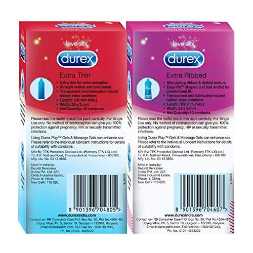 Durex Durex Multi-pack Condoms for Men (Extra Ribbed, Extra Thin) - 10 count (Pack of 2)|Dotted and Dotted for Extra Stimulation | Suitable for use with lubes & toys