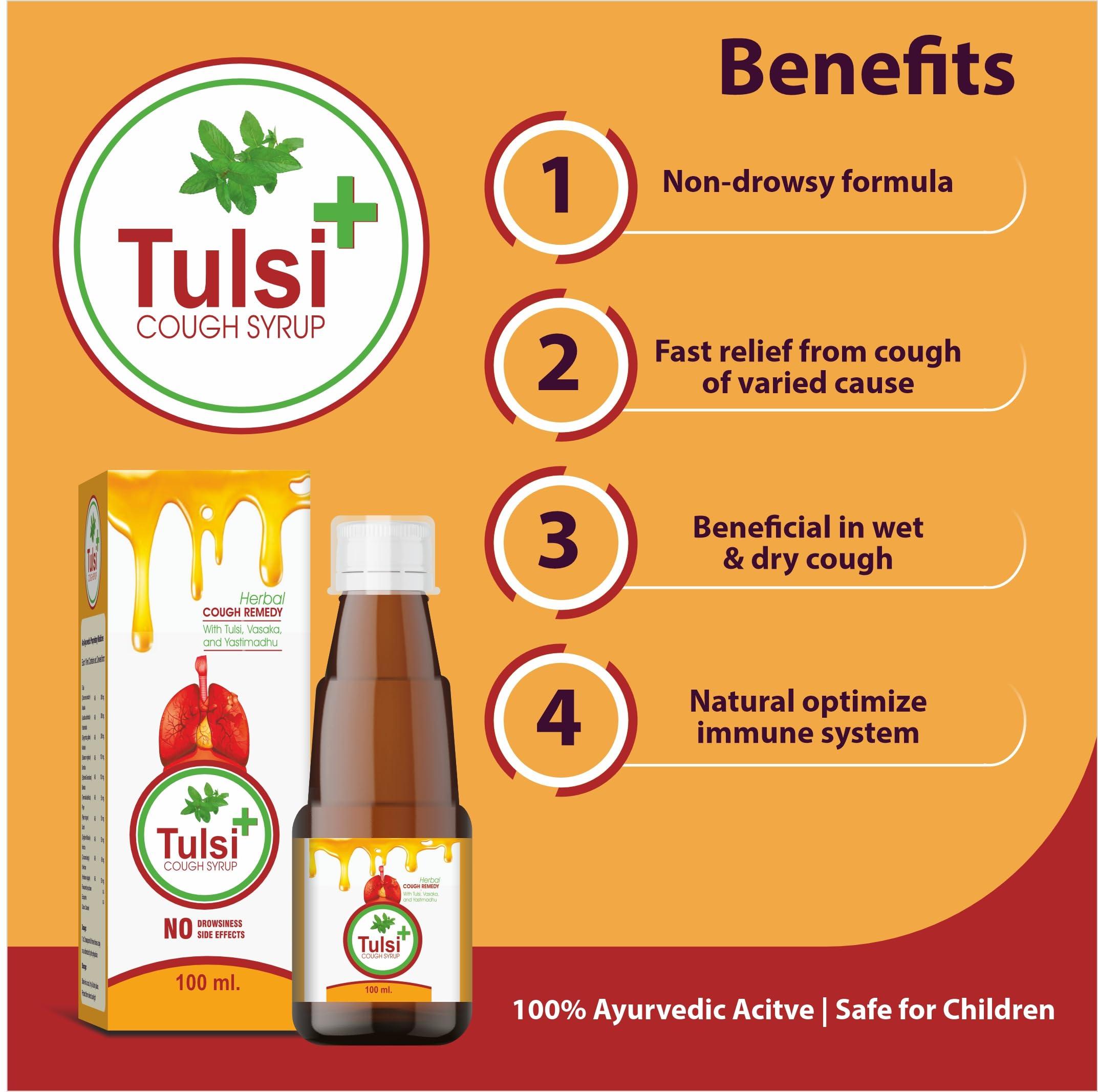 LEMFORD BIOTECH Tulsi Plus Herbal Cough Syrup, 100ml, Relieves Throat Congestion, Dry Cough & Irritation, Pack of 4