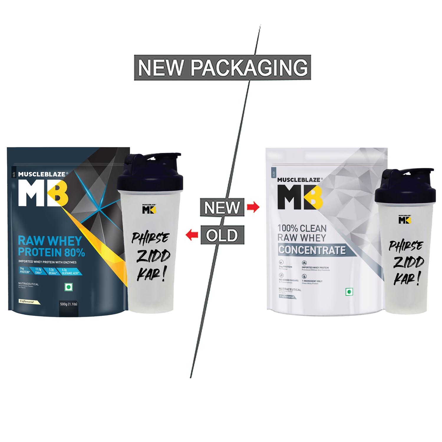 MuscleBlaze MuscleBlaze 100% Clean Raw Whey Protein Concentrate (Unflavoured, 500g) | Easy to Digest with Shaker, 650ml (Combo Pack)