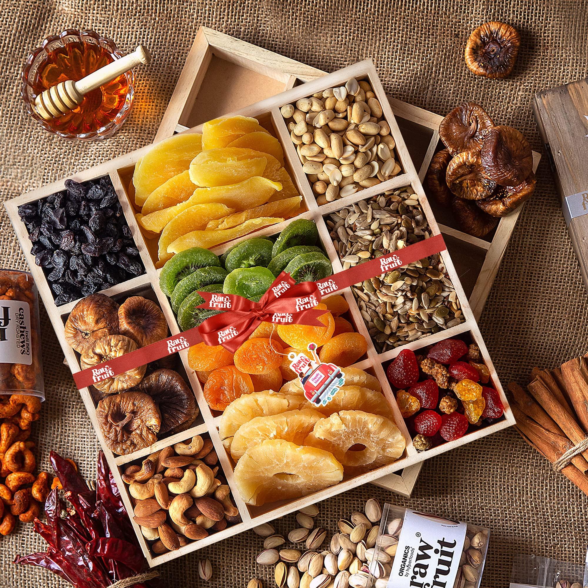 HYPERFOODS HyperFoods RawFruit Dry Fruit Gift Pack Tropical Fruits Wooden Gift Hamper| Dried Fruit Berries Nuts Dry Fruit Combo Pack | Wedding Shadi Marrige Newly Married Happily Gift Hampers for Him/Her