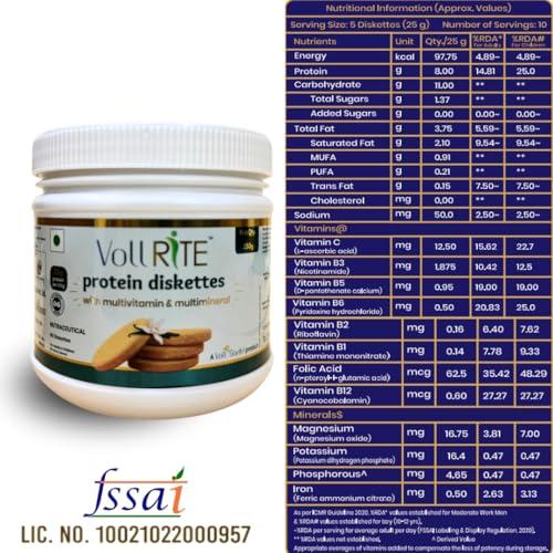 Voll Sant Voll RiTE Protein Diskettes | Protein Biscuit with multivitamin and multimineral| No Sugar| Cholesterol free| High Protein with B Vitamins | Vanilla Flavour, 250g