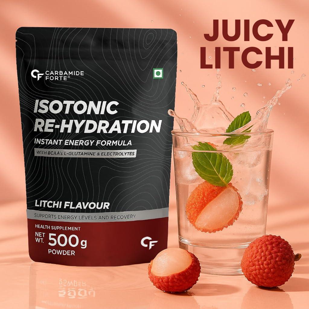 Carbamide Forte Carbamide Forte Isotonic Powder | Pre Workout Supplement For Men And Women| Instant Energy Drink for PreWorkout | Electrolytes Powder with added BCAA & L Glutamine - Litchi Flavour - 500g (Pack of 1)