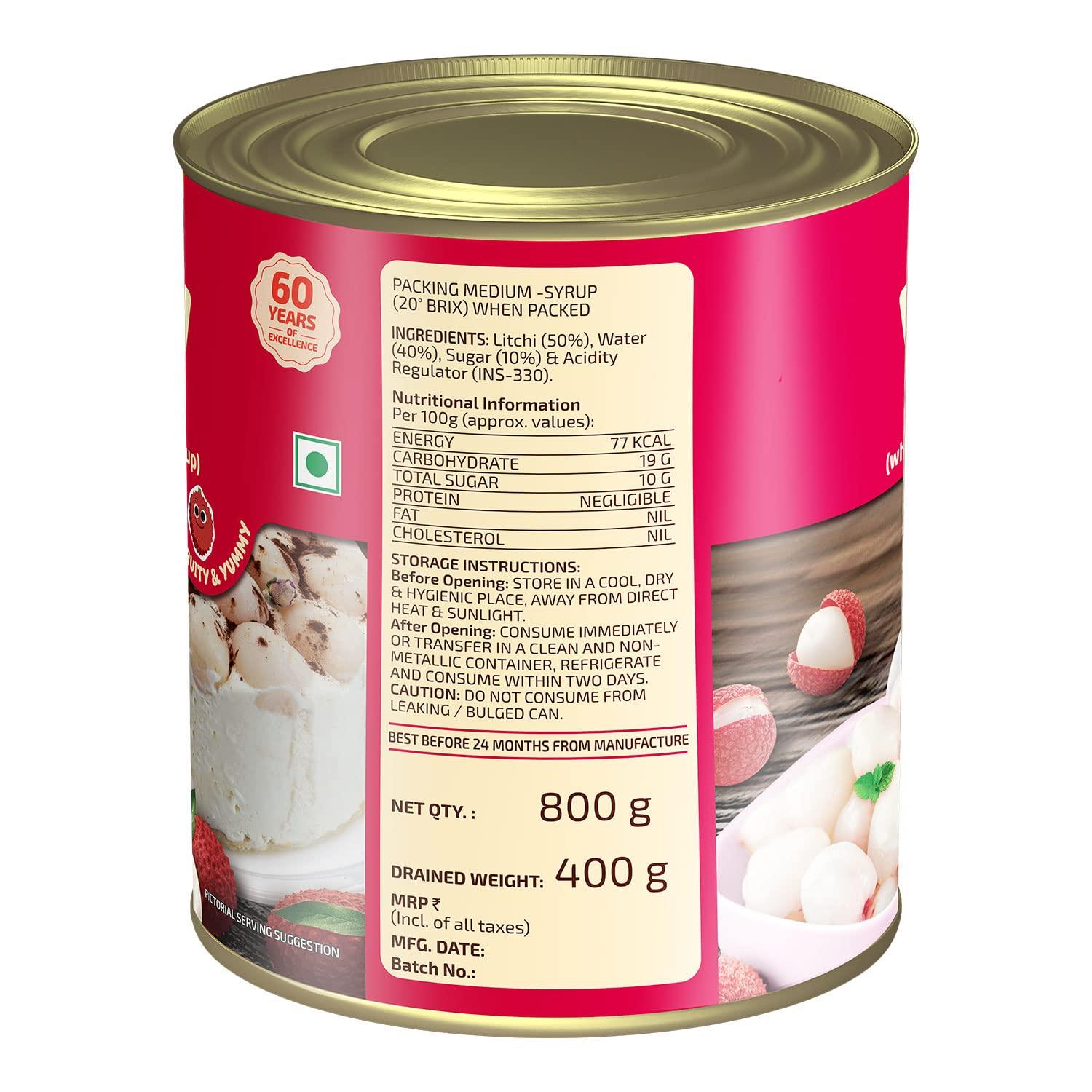 Morton Morton Litchi Whole In Sugar Syrup|No Artifical Colours & Preservatives|Made With Fresh & Ripe Litchies|Nutrious, High In Antioxidants|Good In Taste, Healthy & Yummy Litchi Whole - 800Gm(Pack Of 1)