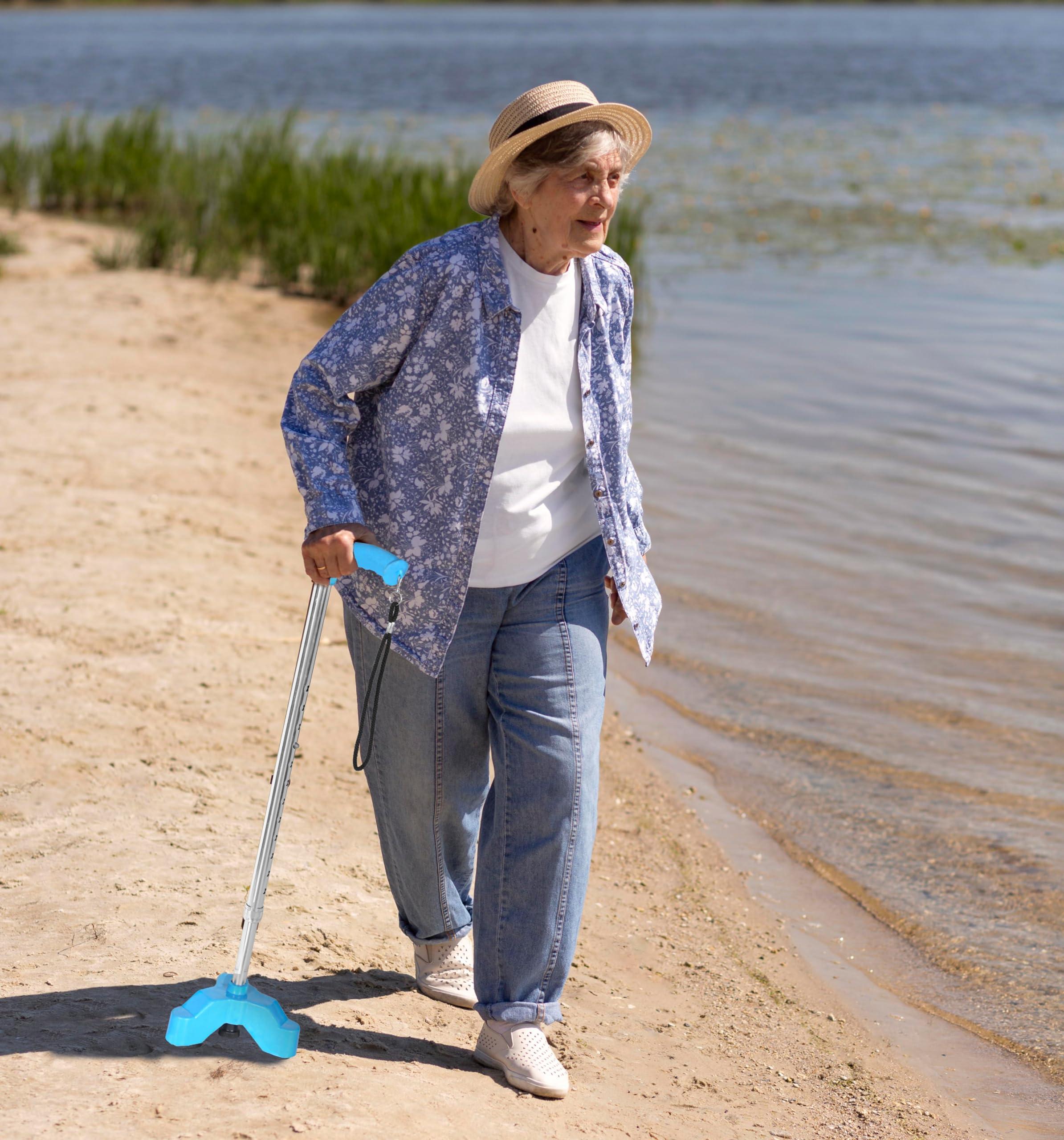 PHYSIQO PHYSIQO Quadripod ALUMINIUM Men/Women/Old People Walking Stick | For Elderly & those Physically Challenged |Lightweight | Height Adjustable walking stick with 3 Legs - Universal (Blue/Silver)