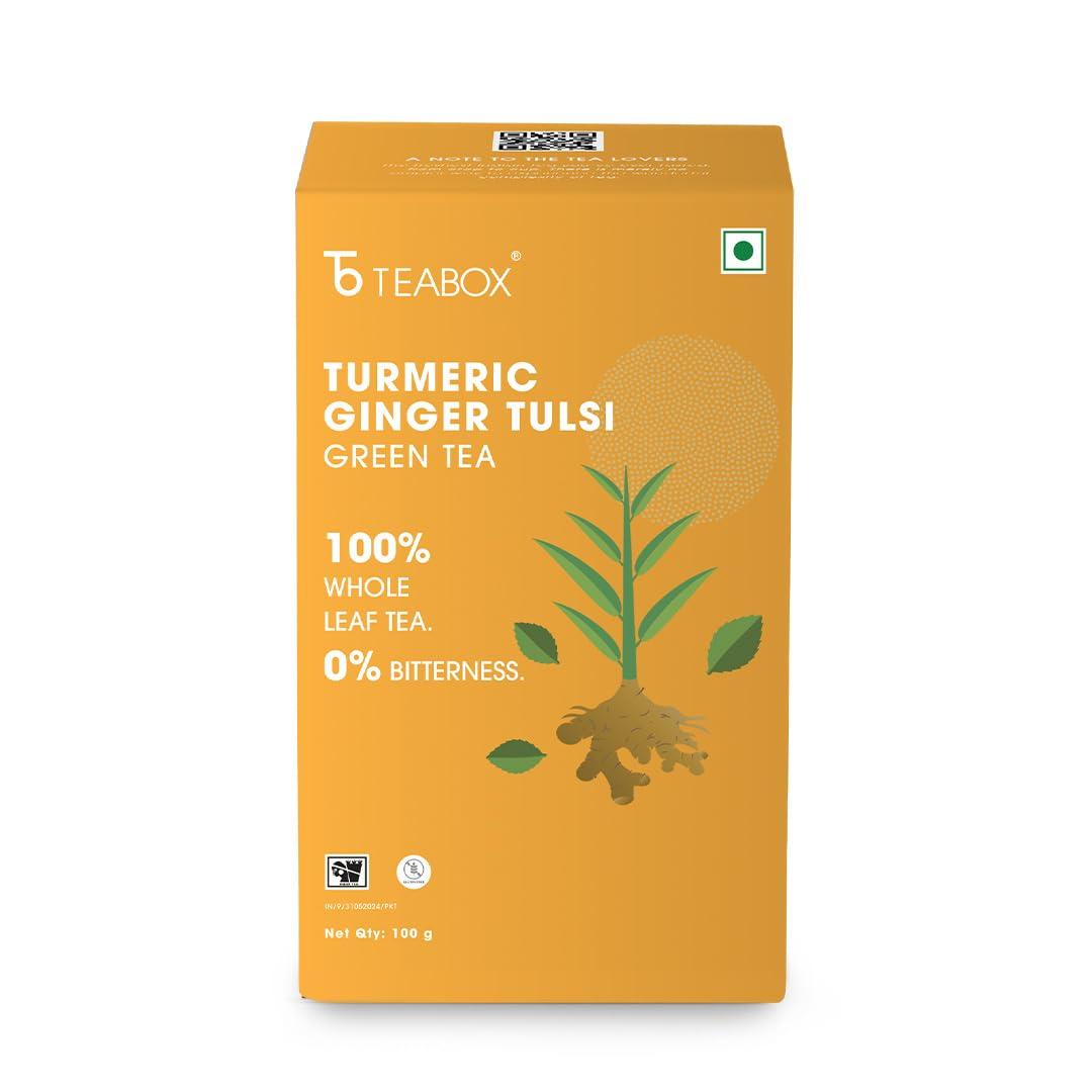 Teabox Teabox Organic Turmeric Ginger Tulsi Green Tea 100 grams | For Immunity Boosting, Digestion and Sore Throat | 100% Whole Leaf Tea, 0% Bitterness