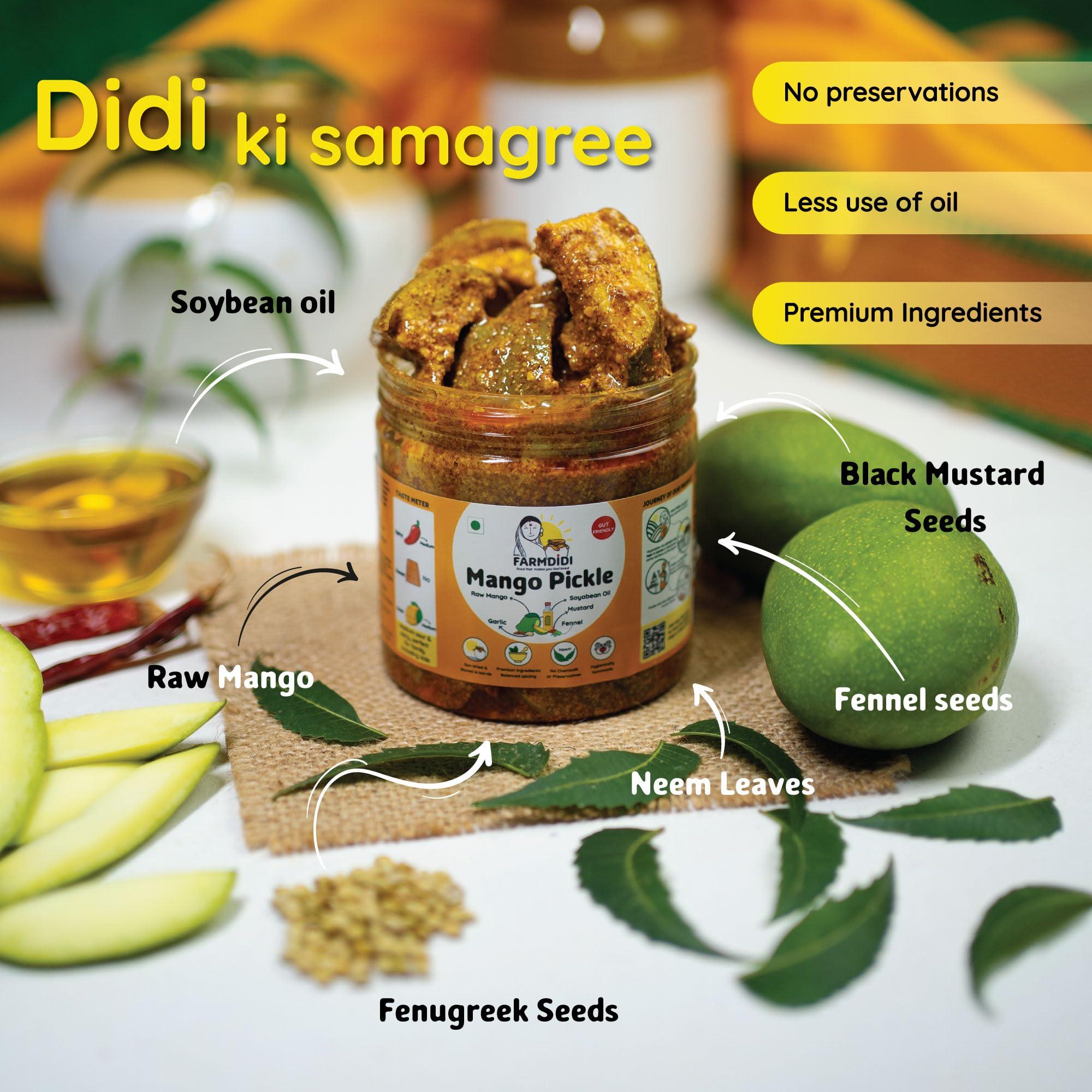 Farm Didi FarmDidi Mango Pickle 1kg Mango Pickles Homemade | Traditional Indian Achar | Less Oil Aam ka achar home made Pickle in fresh | Dry Sukha Aam Ka Achaar made with Organic Methods & Preservative free