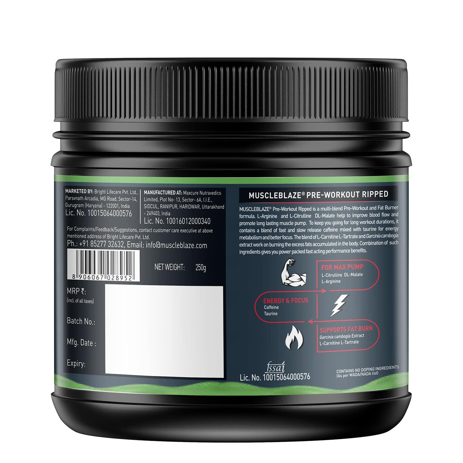 MuscleBlaze MuscleBlaze Pre Workout Ripped Powder(Green Apple, 27 Servings, 250G)| 4000Mg Citrulline & L-Arginine, 500Mg L-Carnitine, 500Mg Garcinia Extract
