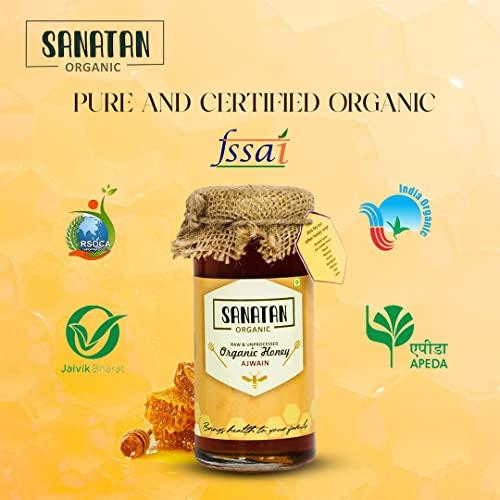SANATAN ORGANIC Sanatan Organic Unprocessed and certified organic 100% Natural &Pure Ajwain Honey cures Gastric,Acidity,help in digestion|Preservative free|No artificals|No Added Sugar|Mono Flora Honey-250g Glass Jar