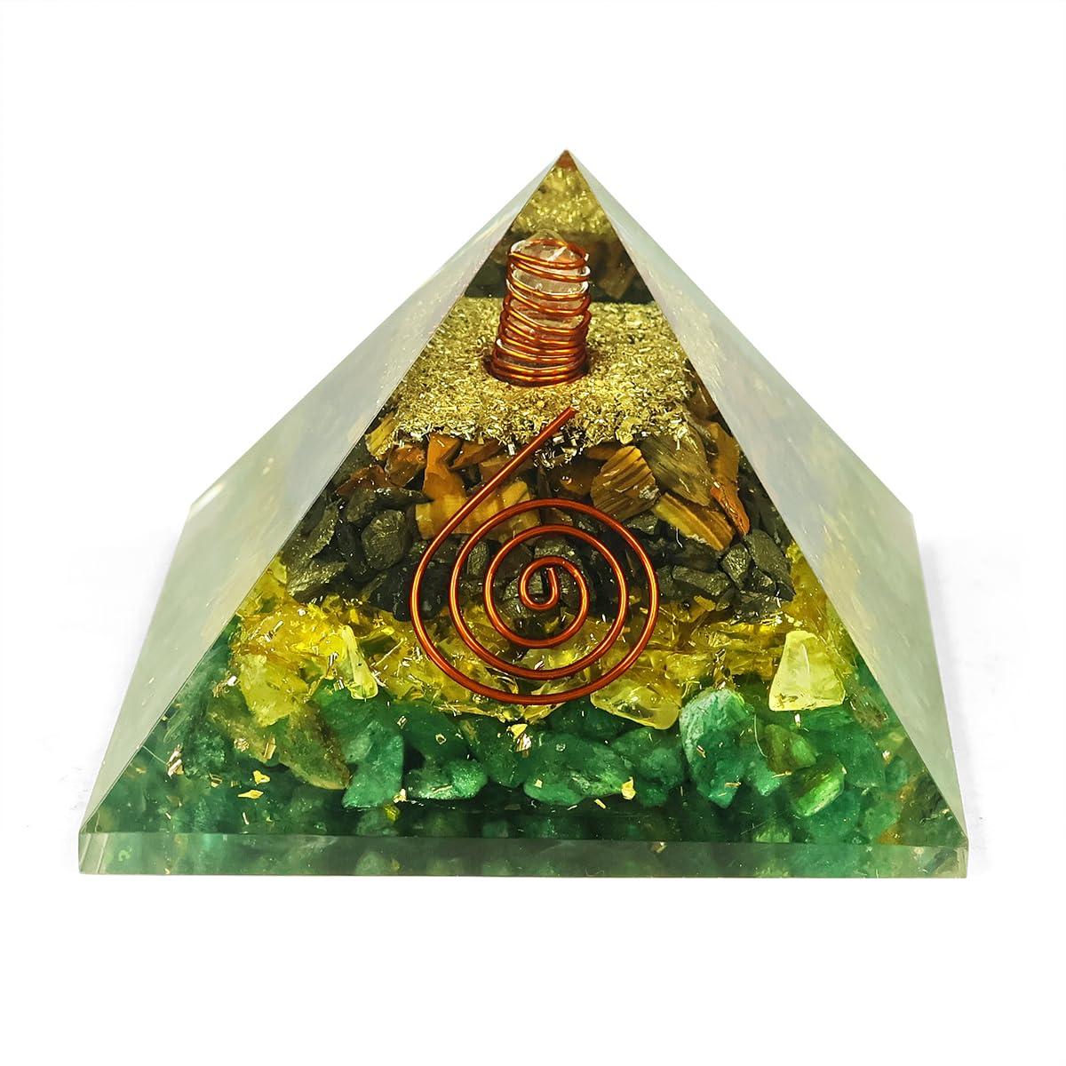 Crystu Crystu Wealth Pyrite Citrine Green Aventurine Tiger Eye Orgone Orgonite Pyramid Crystal Stone for Reiki Healing 70 mm Approx