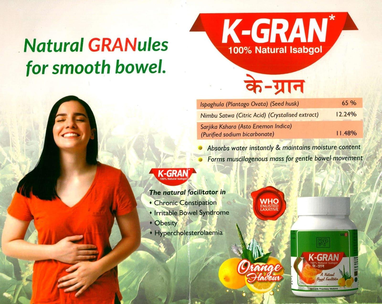KAPL K-GRAN 100% Natural Isabgol - Psyllium Husk Powder - 100gm | Pack of 2 |Orange Flavour |Effectively Relieves Constipation |Fibre Supplement For Digestion | Vegetarian