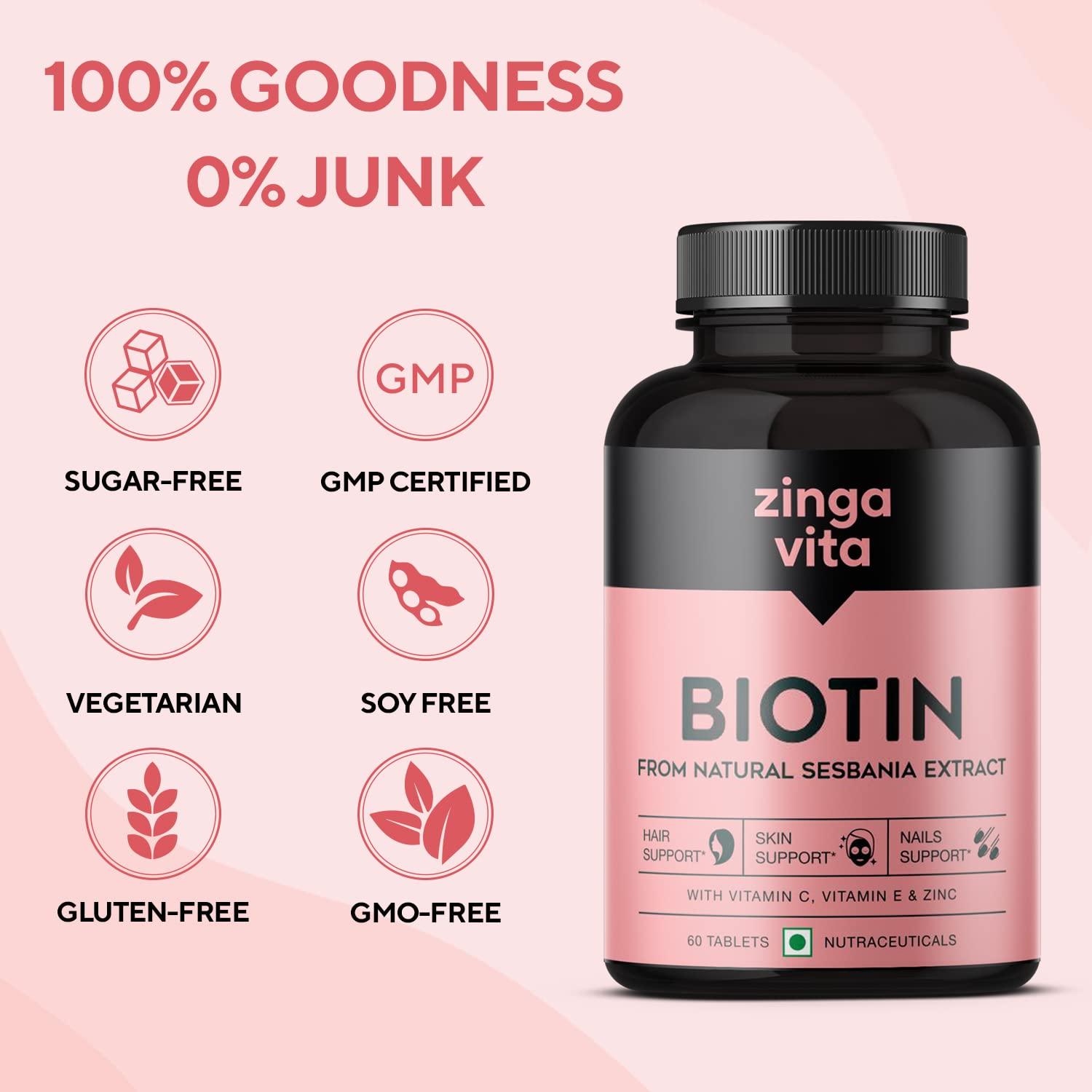 Zingavita Zingavita Advanced Biotin Tablets | Boosts Keratin Production, Reduce Hair Fall and Promote Hair Growth with Natural Sesbania Agati Leaf Extract & Hair Vitamins (Biotin, Vitamin C, Vitamin E & Zinc) for Healthy Hair, Skin & Nails For Both Men & Women
