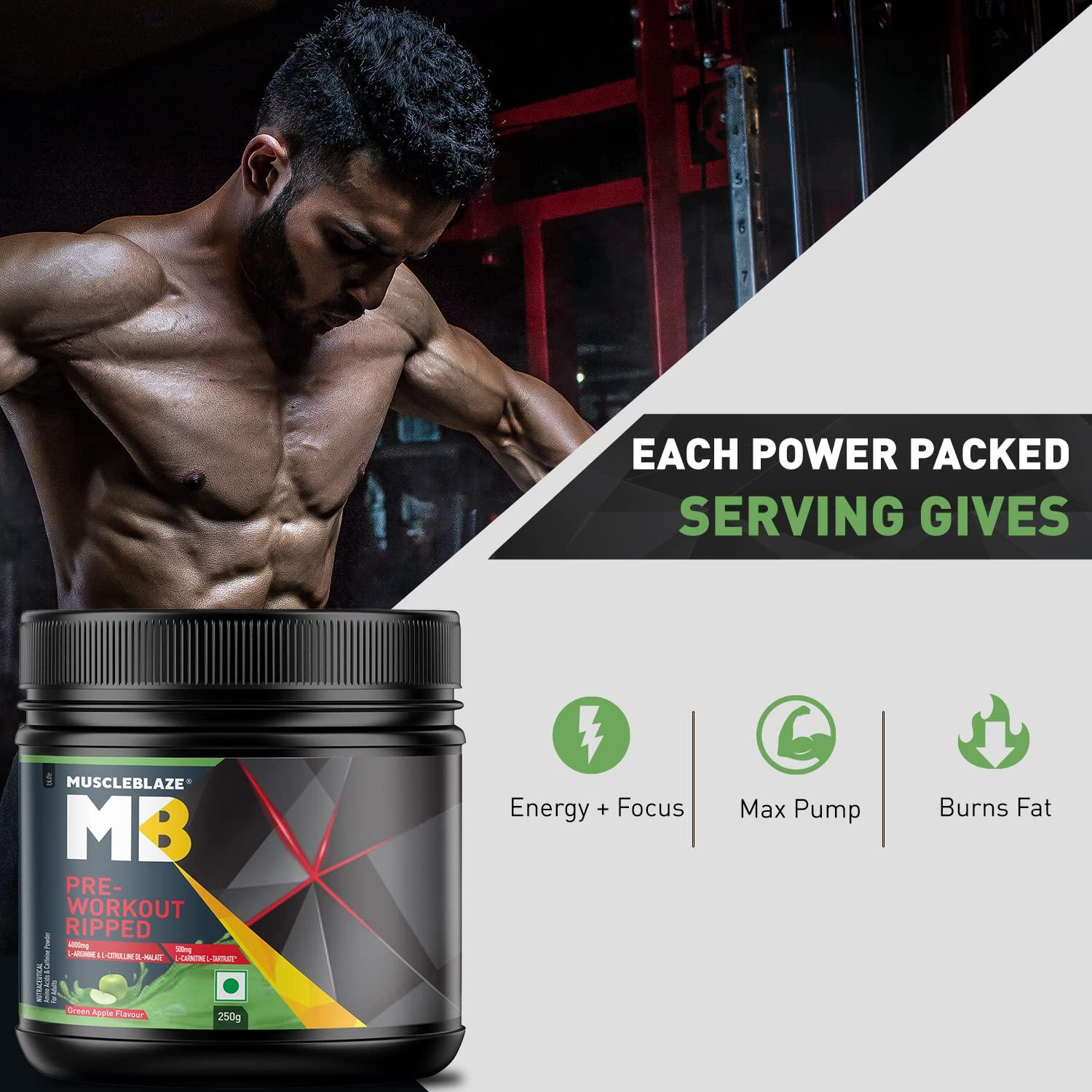 MuscleBlaze MuscleBlaze Pre Workout Ripped Powder(Green Apple, 27 Servings, 250G)| 4000Mg Citrulline & L-Arginine, 500Mg L-Carnitine, 500Mg Garcinia Extract
