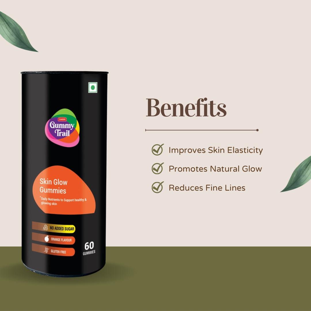 Gummy Trail Gummy Trail Skin Glow Gummies | Orange Flavour | Hyaluronic Acid Gummy for Hydrated & Glowing Skin | Healthy Skin Supplement for Women and Men | Pack of 1/60 Gummies