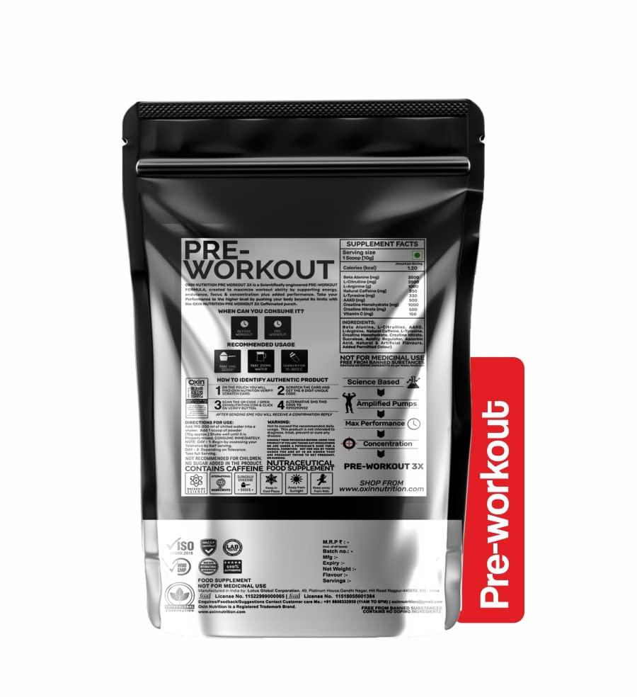 Oxin Nutrition Oxin Nutrition Pre Workout 3X Caffeinated Punch with Vitamin C - Preworkout Drink - Zero Sugar - Pre Workout Natural - Preworkout Supplements Powder 250g (Tropical Orange)