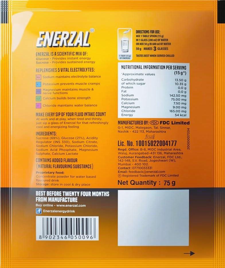 Enerzal Enerzal Orange Flavour Energy Drink Powder 75g Pouch (Pack of 18)