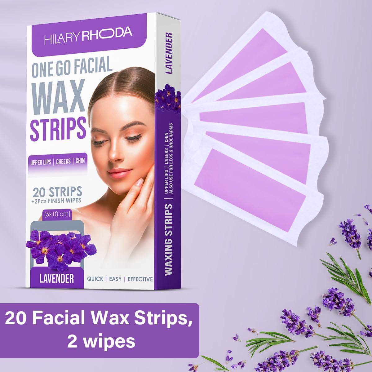 Hilary Rhoda Hilary Rhoda One Go Facial Wax Strips | Ready-To-Use Facial Wax Strips | Face, Cheek, Upper Lip & Chin Facial Wax | Painless Hair Removal | With 2 Finish Wipes | 20 Strips (Lavender)