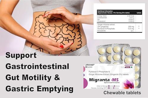 MIGRANTA Migranta -Ms Chewable Ginger Candy for Mild Acid Reflux, Nausea Vomiting Relief | Ginger with vitamin B6 (pyridoxine) | Accelerates Gastric Emptying, Gastrointestinal Motility | Morning Sickness & Nvp support - 60 tablets Sugarfree