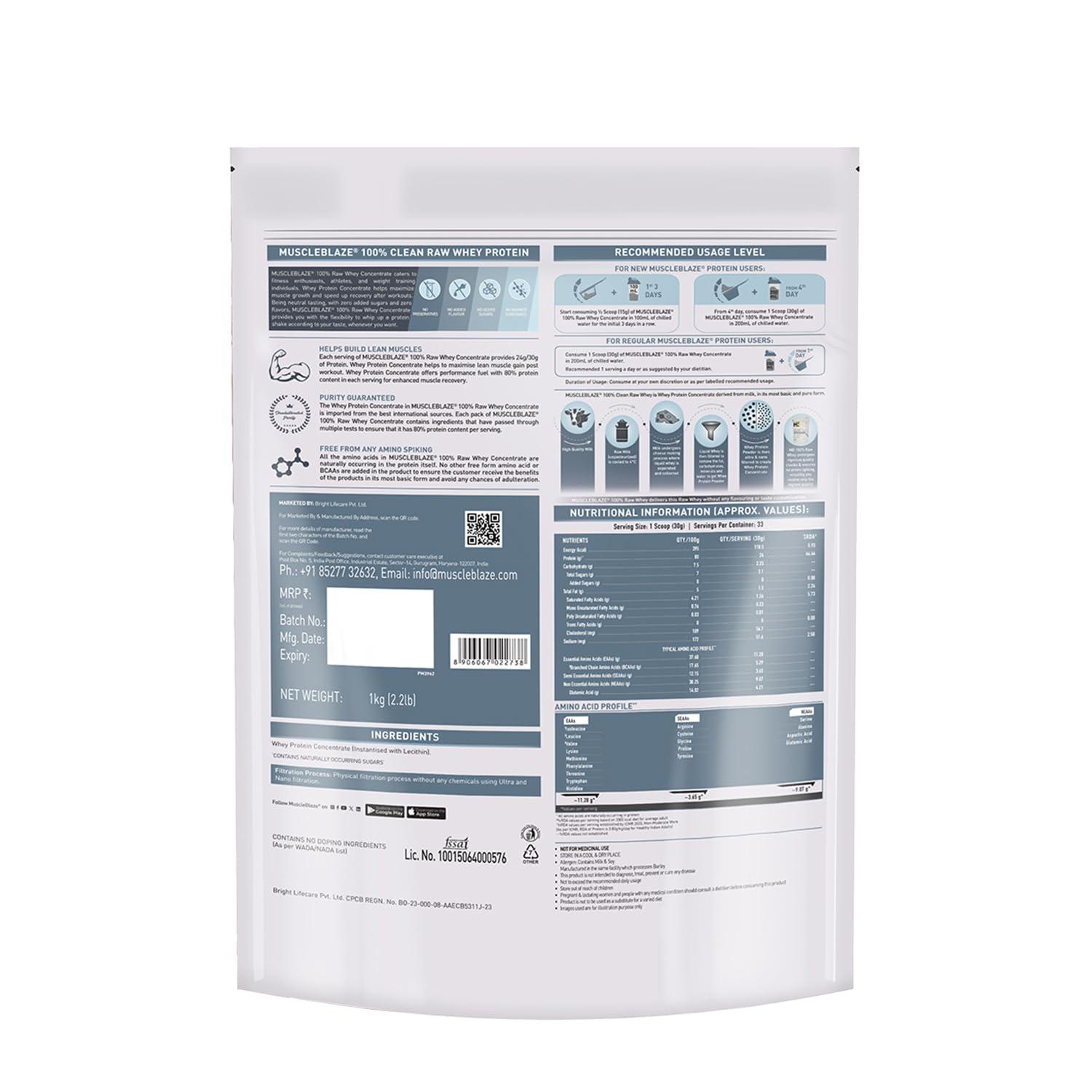 MuscleBlaze MuscleBlaze 100% Clean Raw Whey Protein Concentrate (Unflavoured, 1kg) | Easy to Digest with Shaker, 650ml (Combo Pack)