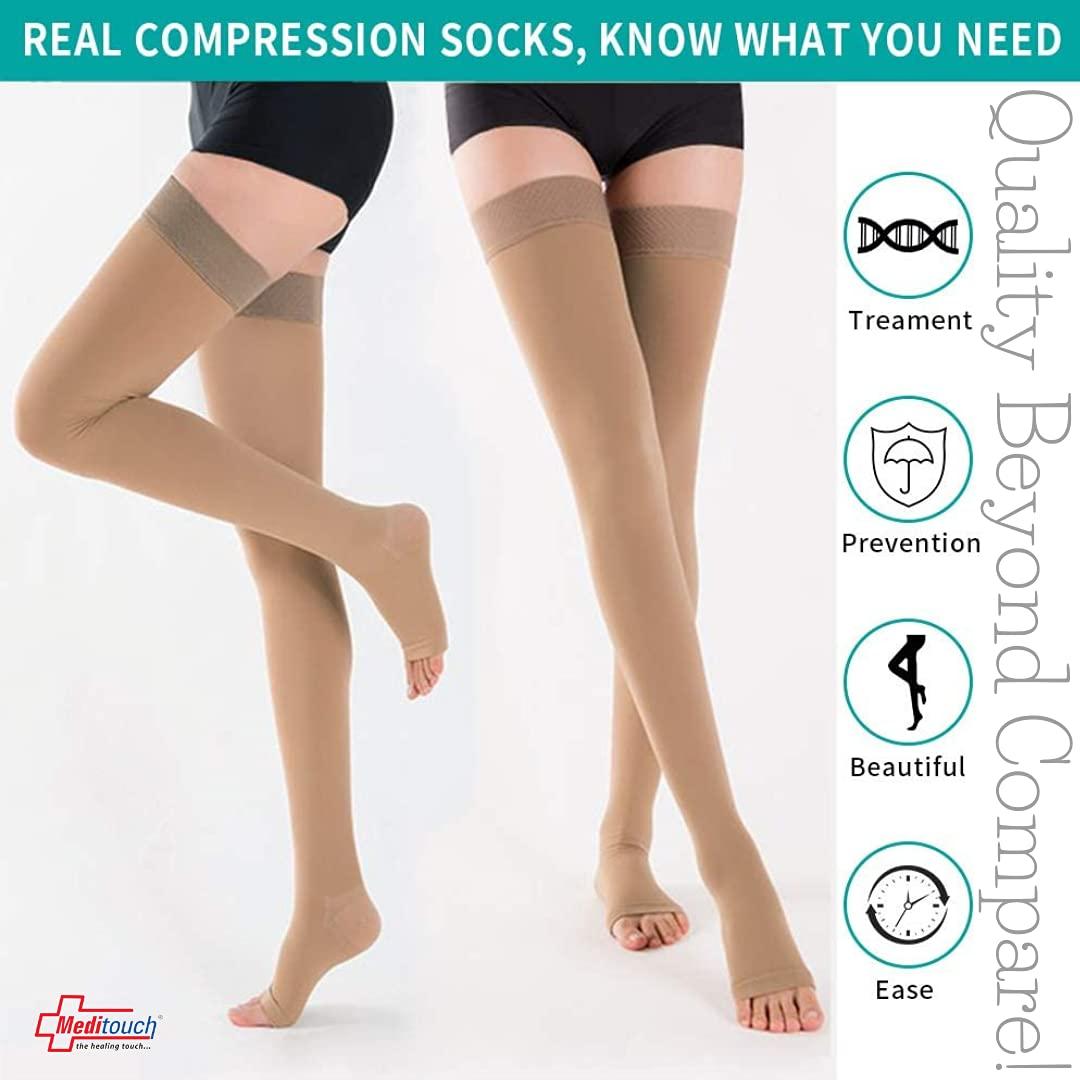 Meditouch MediTouch™ Varicose veins Stockings for Women Men- Optimum Compression Stocks Improve Circulation Recommended by Dr. for Pain relief -Open Toe- Pair (THIGH LENGTH, Small)