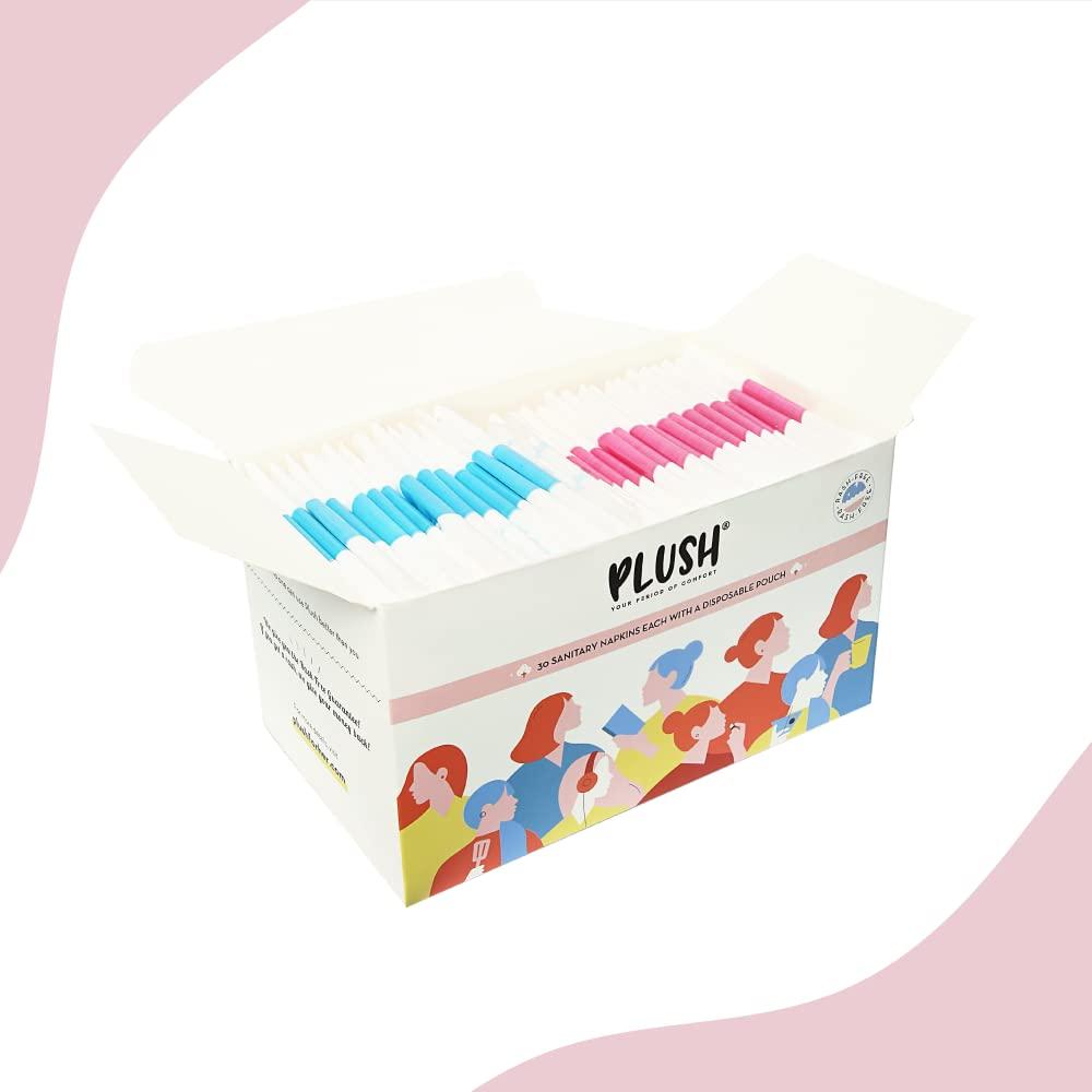 PLUSH Plush 100% Pure U.S. Cotton 30 Sanitary Pads for Women Each with Disposable Pouches | 16L Pads, 14XL Pads & 4 Panty Liners & Daily Ultra Thin Panty Liners for Women,40 Liners-150mm in Length