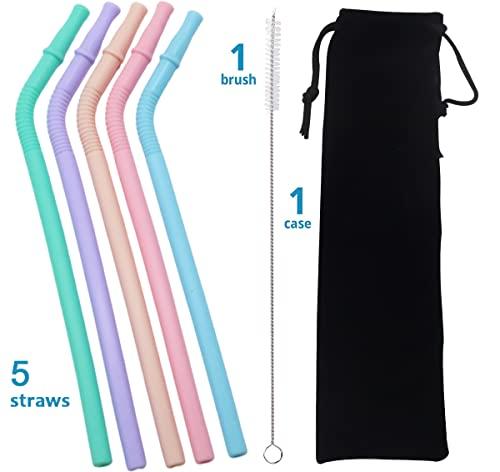 HASTHIP HASTHIP® 5Pcs Silicone Straws, Reusable Silicon Straws, Colorful Flexible BPA Free Foodgrade Silicon 8.4Inch Portable Straws for 20 oz 30 oz Water Glasses with Cloth Bag and Cleaning Brush