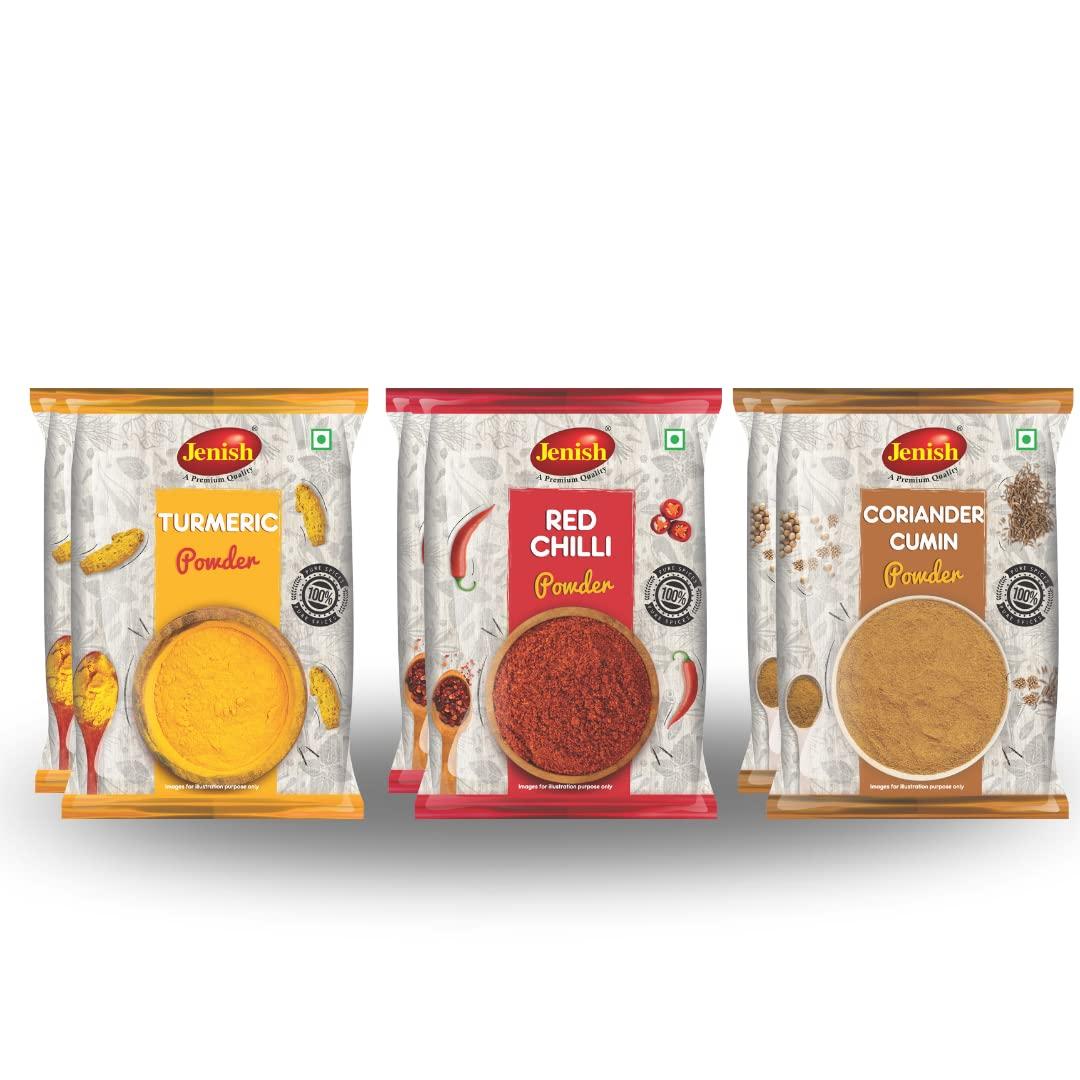 JENISH Turmaric Powder (1kgx2) Red Chilli Powder (1kgx2) Coriander Powder (1kgx2) Pack of 6