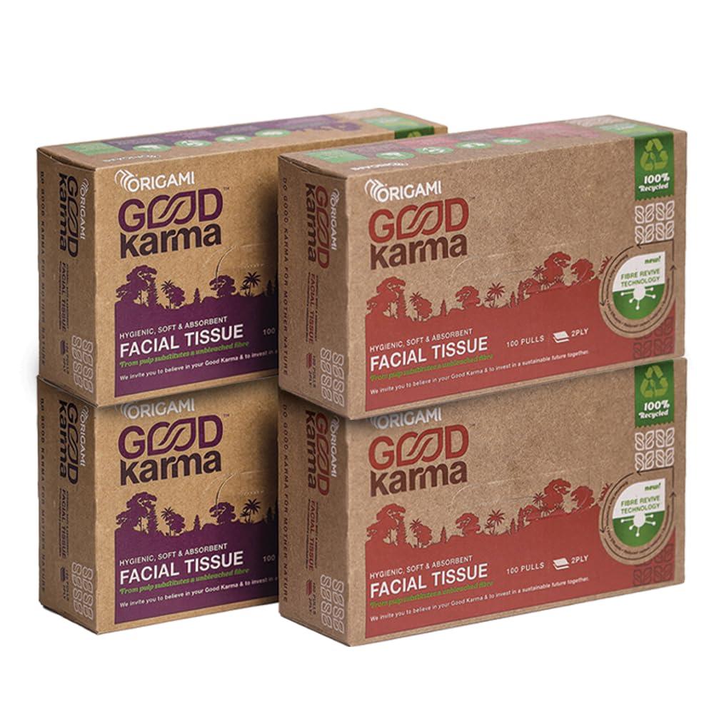Origami Origami Good Karma 2 Ply Eco-Friendly Unbleached Facial Tissue Box | Car Tissue - Pack of 4 (100 Pulls Per Box, 400 Sheets)