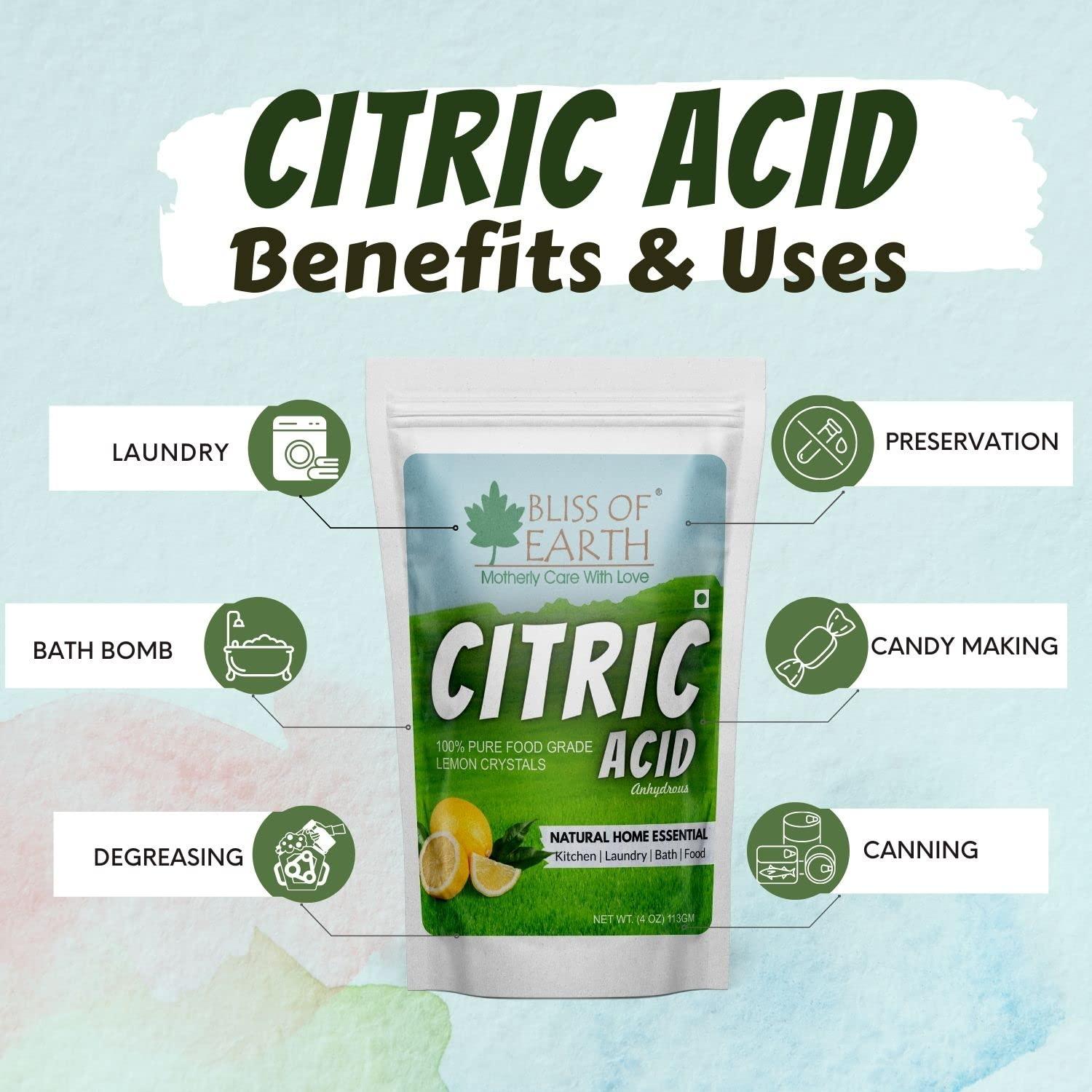 BLISS OF EARTH Bliss of Earth Citric Acid Powder For Food & Plants, Anhydrous Lemon Salt For Cleaning Purpose, 113gm
