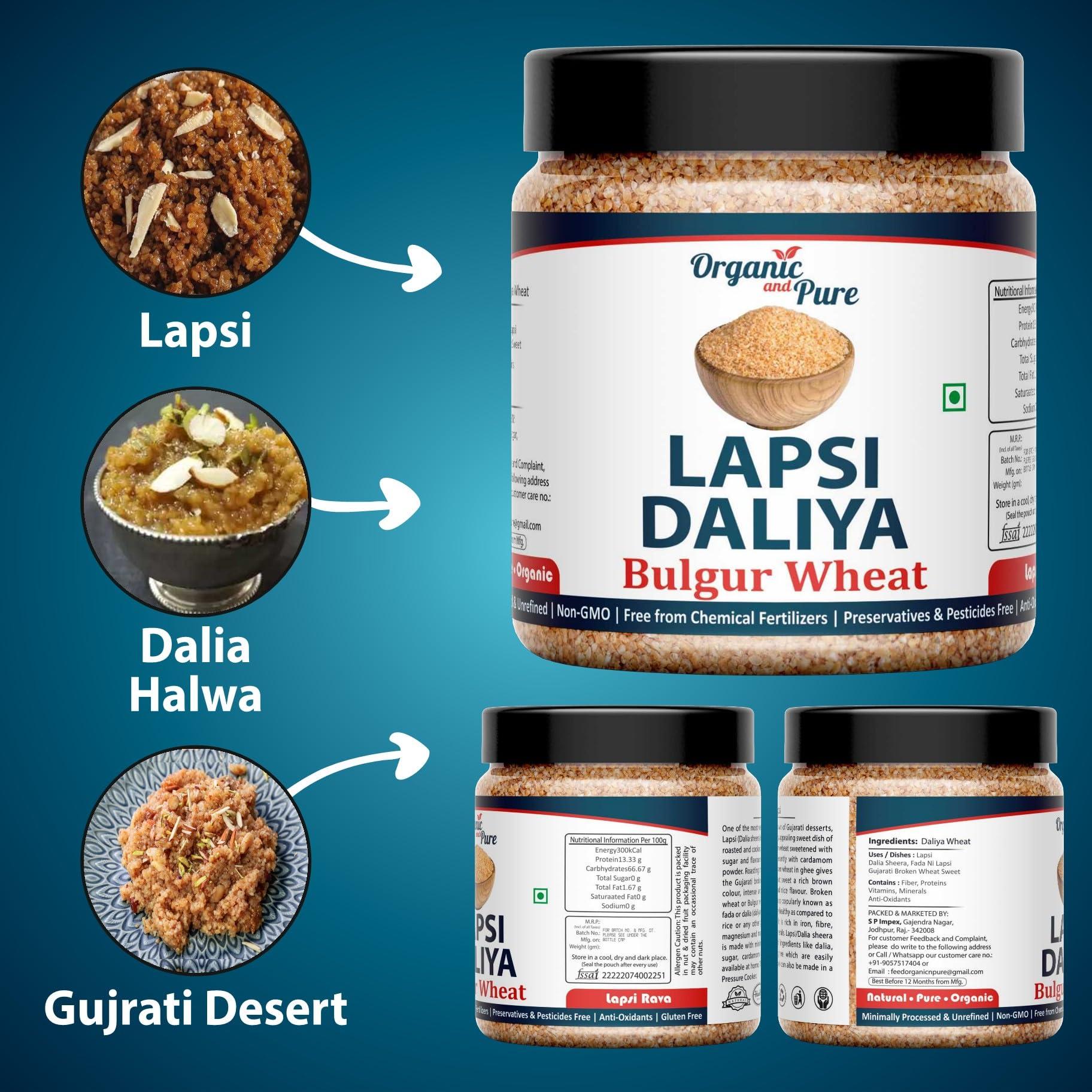 Organic and Pure Organic and Pure Lapsi Dalia Wheat, Lapsi, Lapsi Rava, Lapsi Daliya, Lapsi Rava Small, Fada Lapsi, Lapsi Rawa Dalia, Broken Wheat Lapsi (Jar Pack) 500g